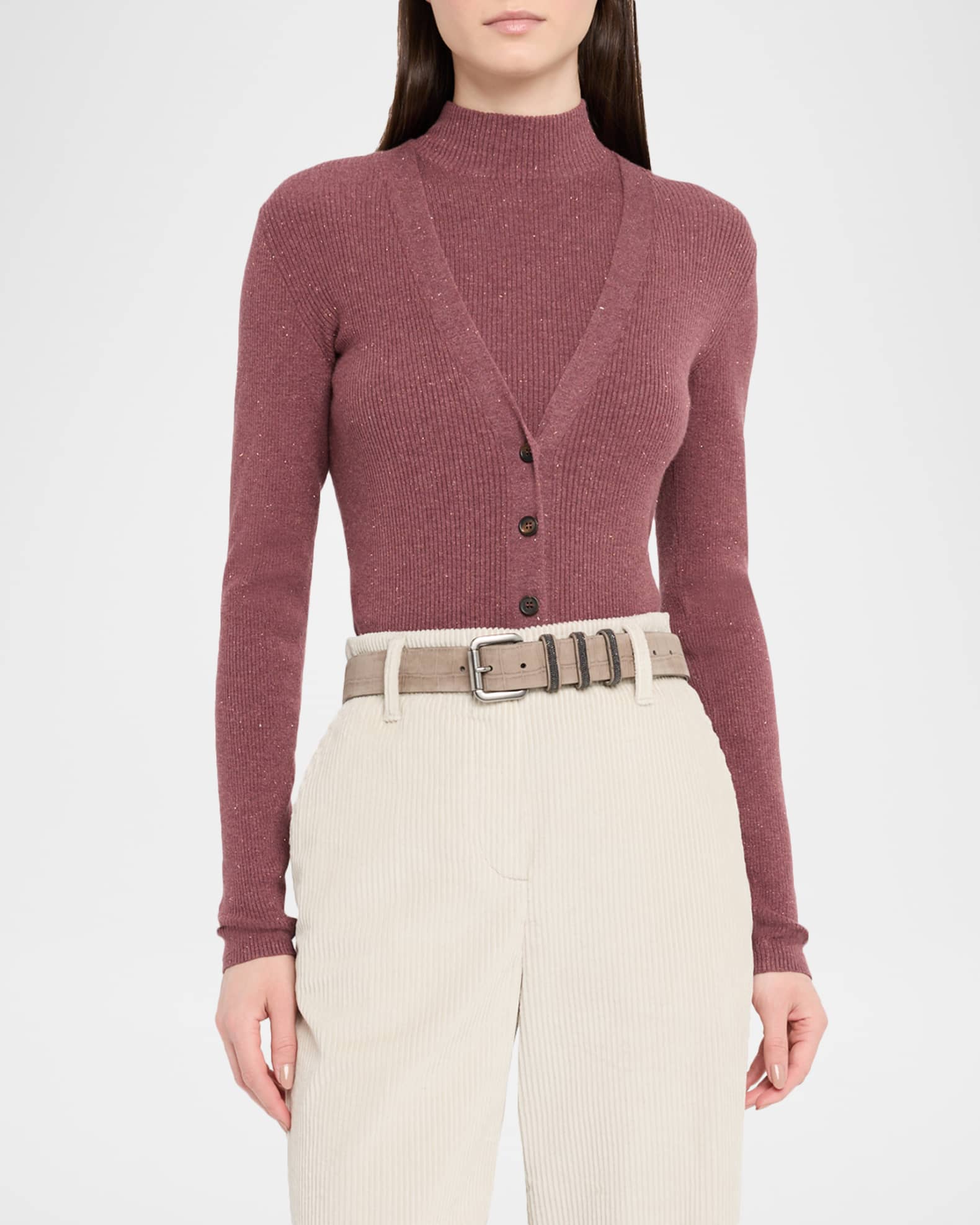 Brunello Cucinelli Metallic Cashmere Rib Knit V-Neck