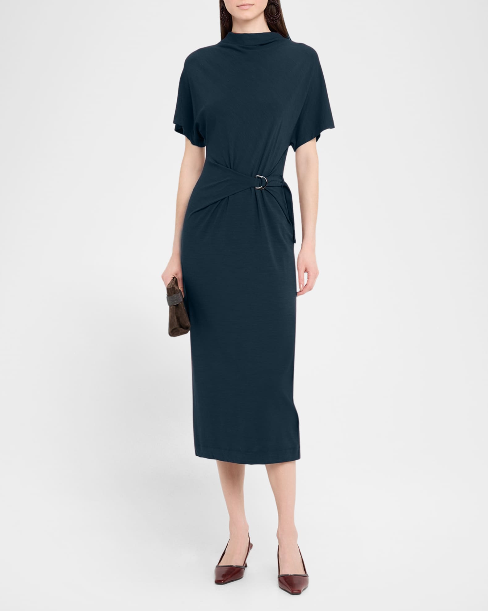 Brunello Cucinelli Drape Short-Sleeve Wool Jersey Midi Wrap