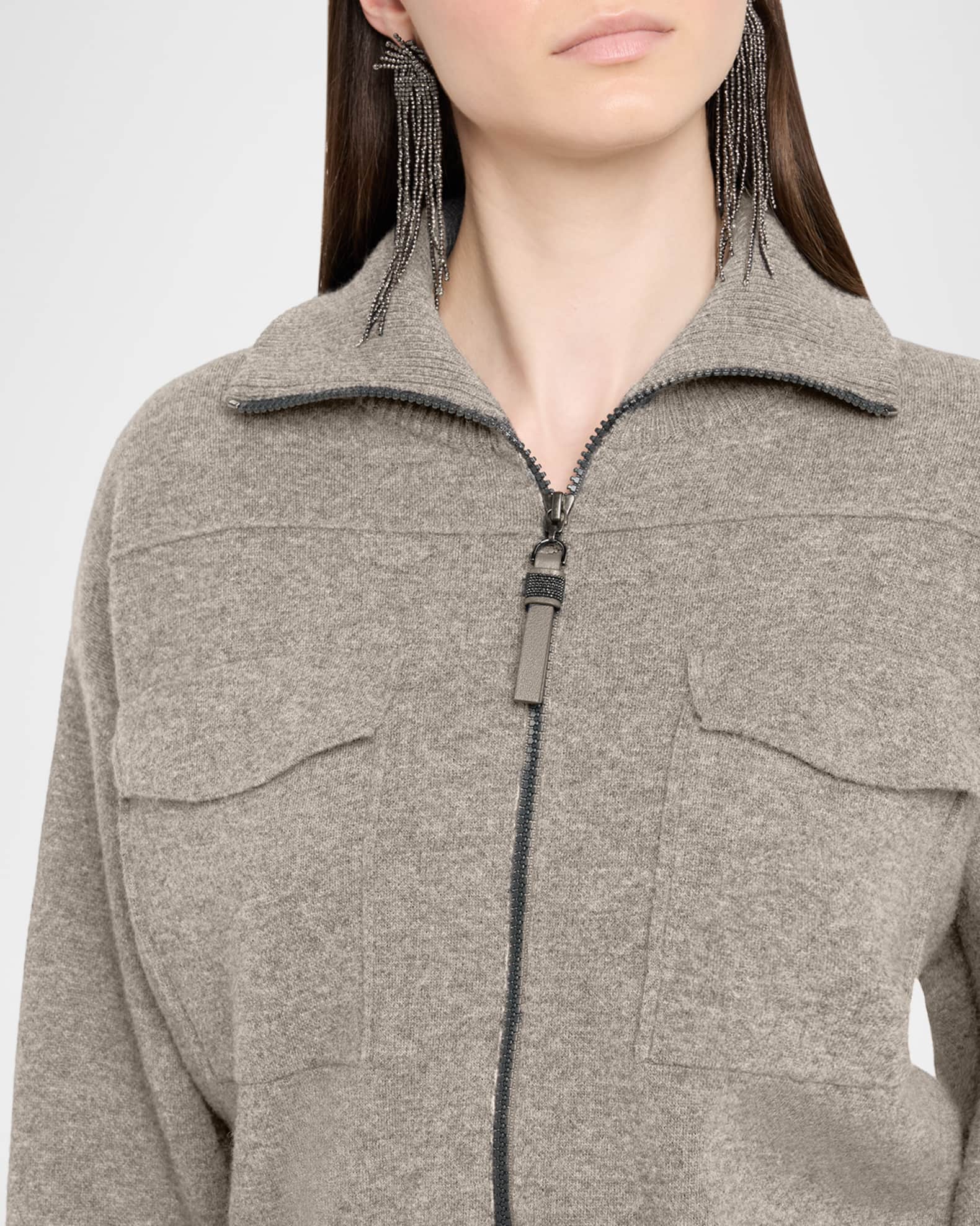 Brunello Cucinelli Cashmere Knit Safari Zip Jacket | Neiman Marcus