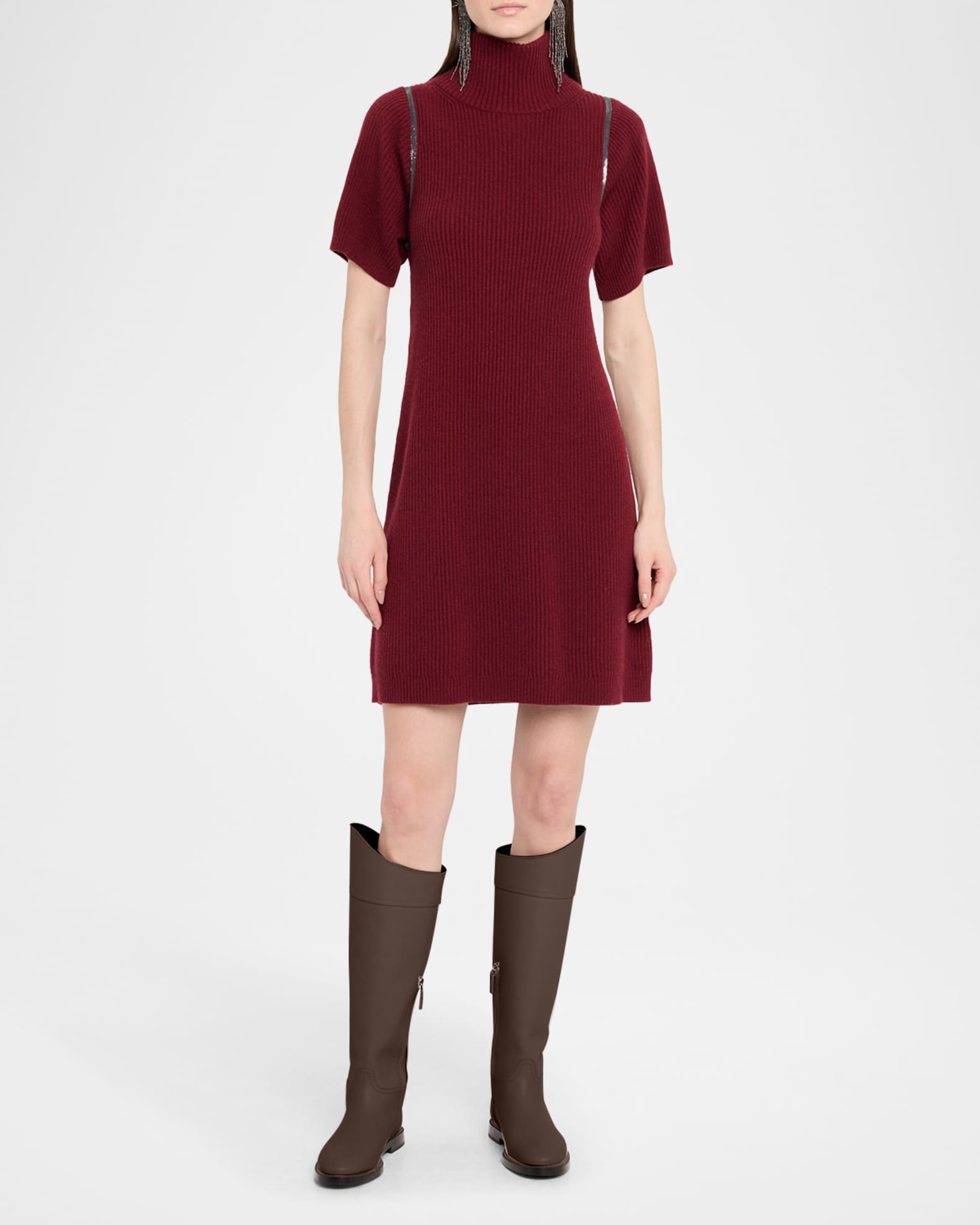 Mock-Neck Monili Short-Sleeve Cashmere Rib Mini Dress 1