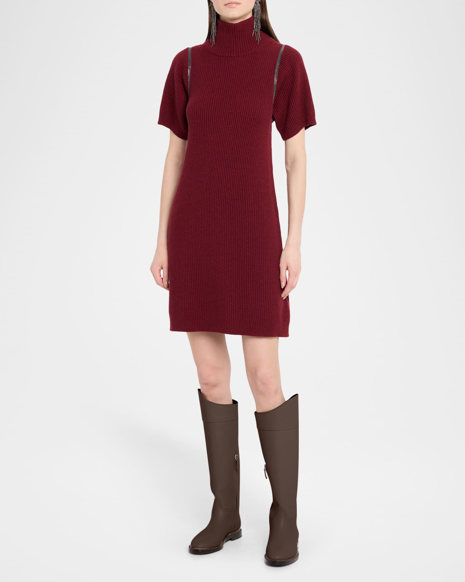 Brunello Cucinelli Mock-Neck Monili Short-Sleeve Cashmere