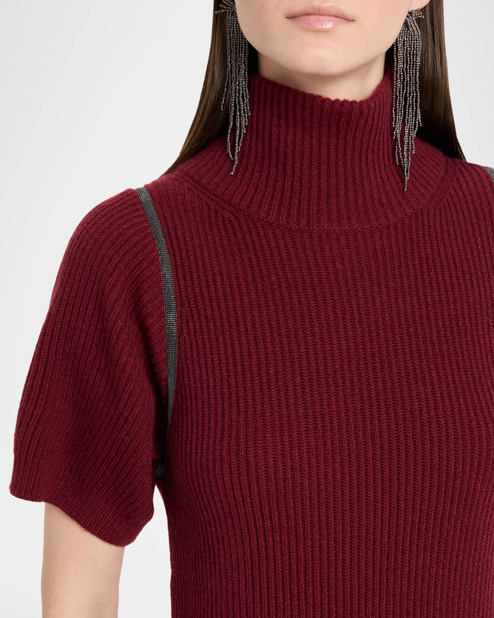 Brunello Cucinelli Mock-Neck Monili Short-Sleeve Cashmere