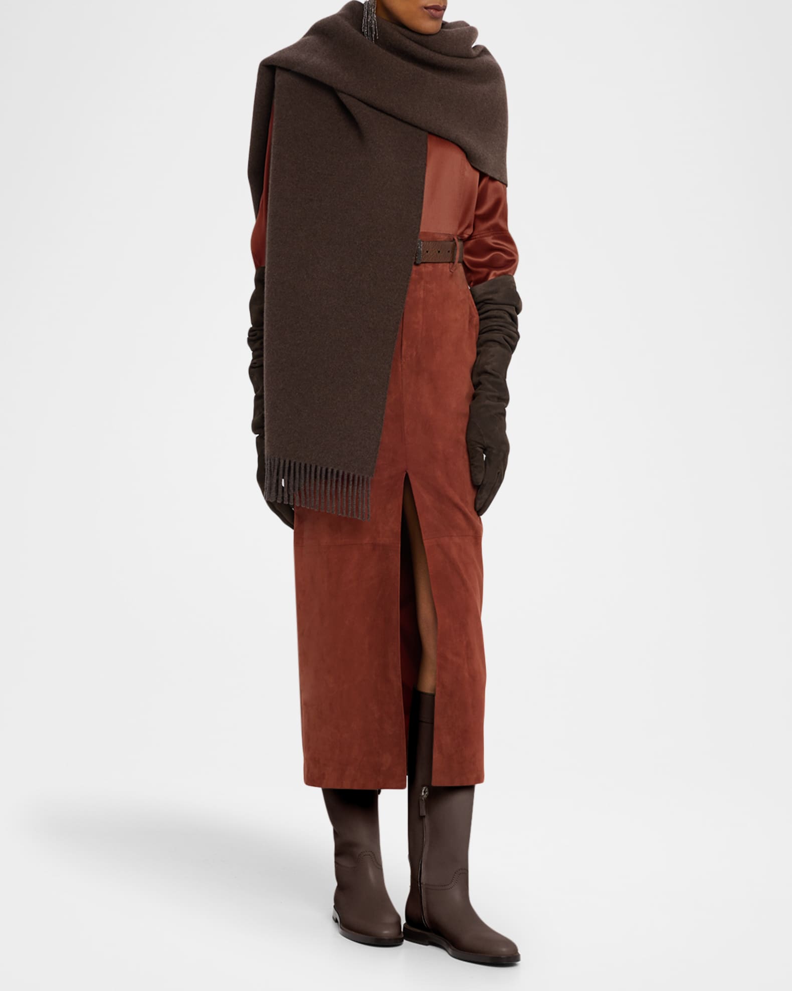 Brunello Cucinelli Suede Sartorial Skirt with Front Slit