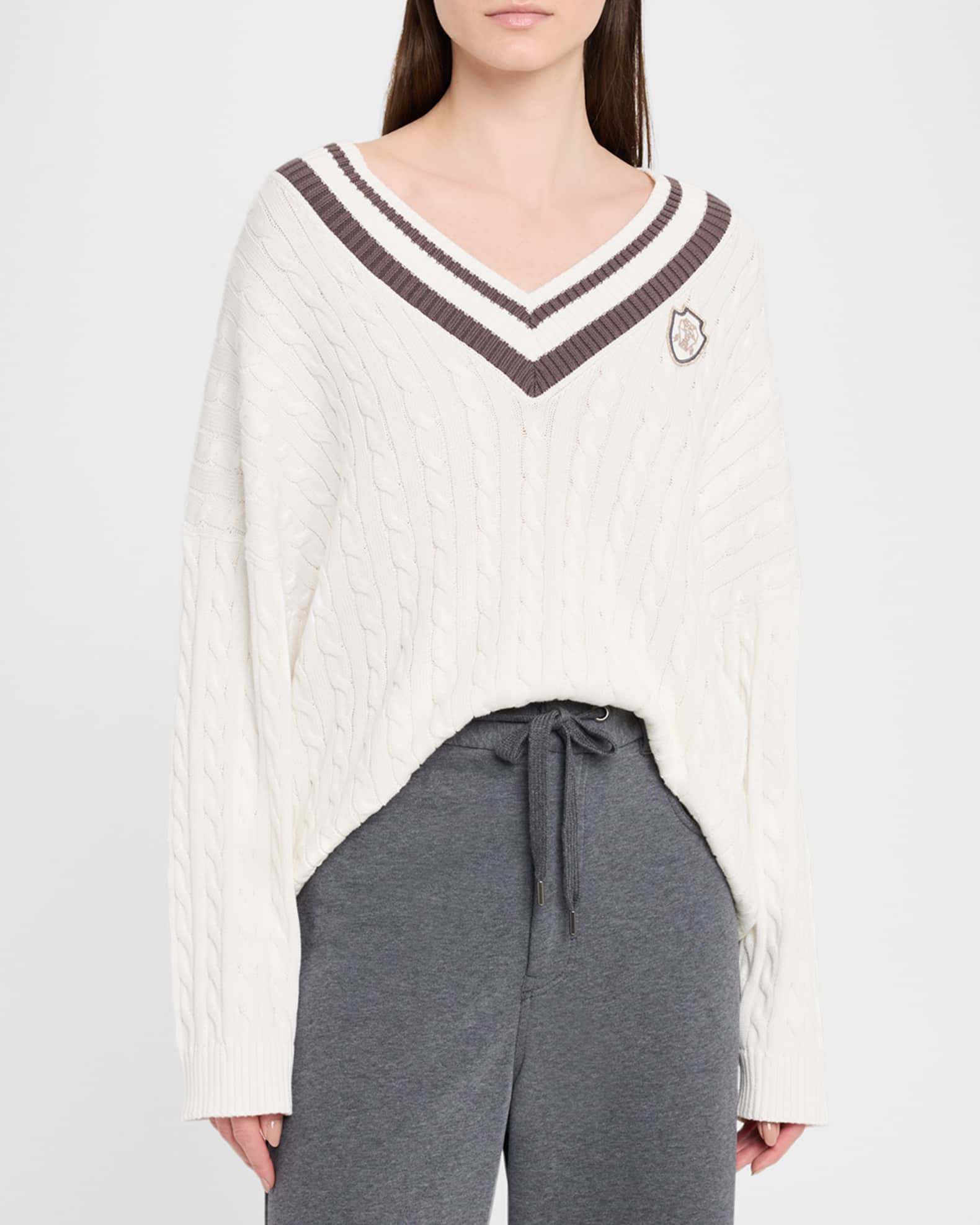 Brunello Cucinelli Cable-Knit Sport Club V-Neck Sweater