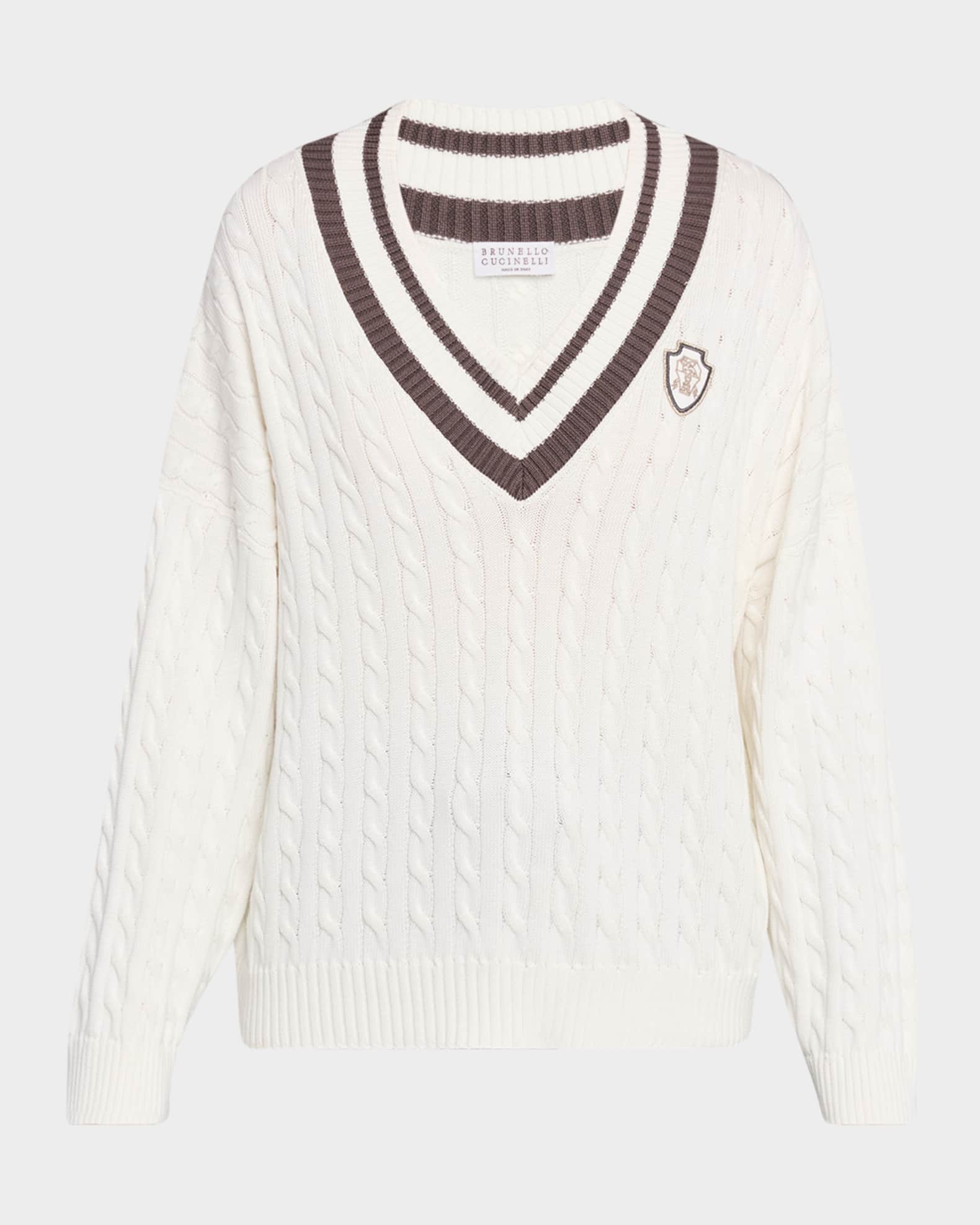 Brunello Cucinelli Cable-Knit Sport Club V-Neck Sweater