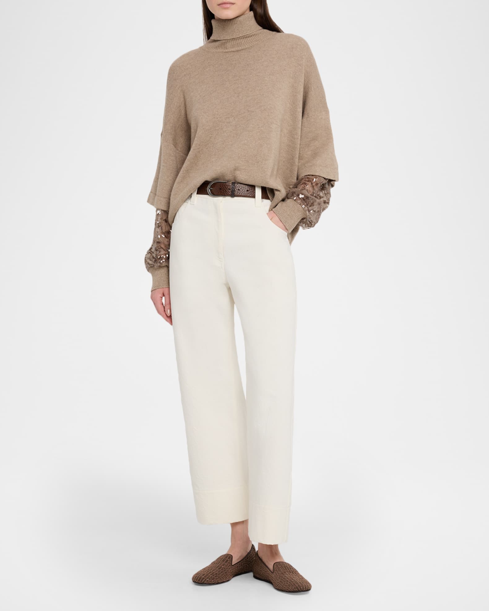 Cashmere Turtleneck Sweater with Sheer Sequined Sleeves 1