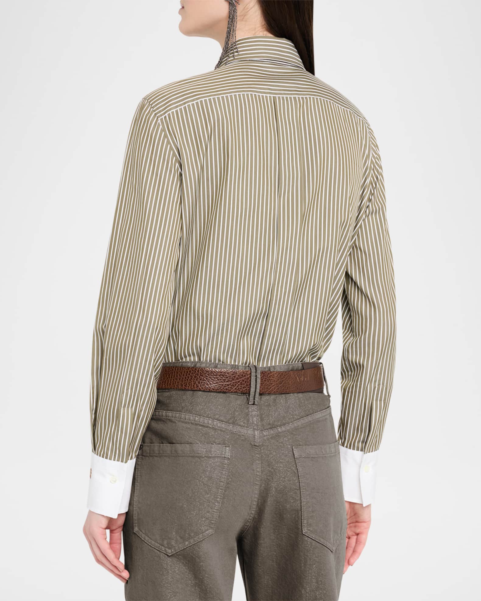 Brunello Cucinelli Pinstripe Cotton-Silk Button-Front Blouse