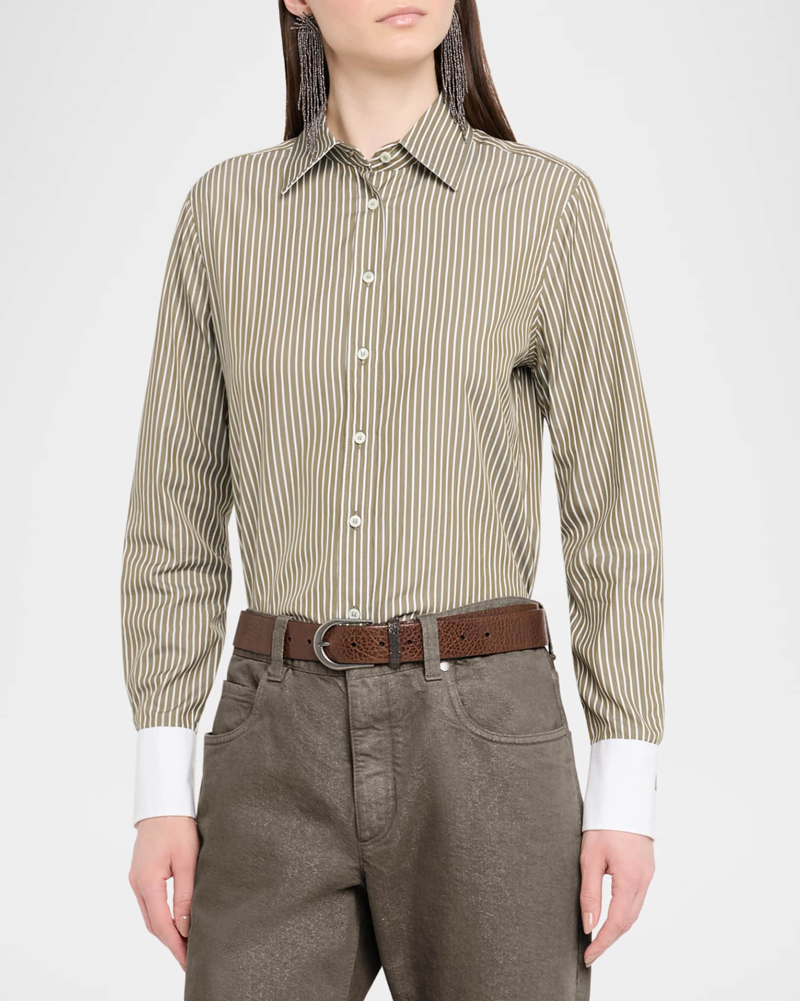 Brunello Cucinelli Pinstripe Cotton-Silk Button-Front Blouse