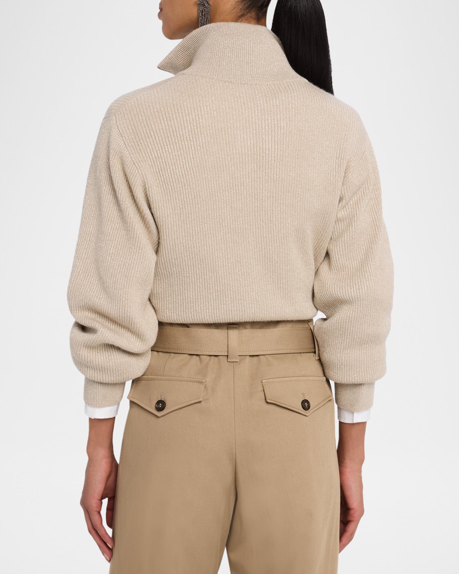 Brunello Cucinelli Sparkly Cashmere Rib Long-Sleeve Zip Cardigan