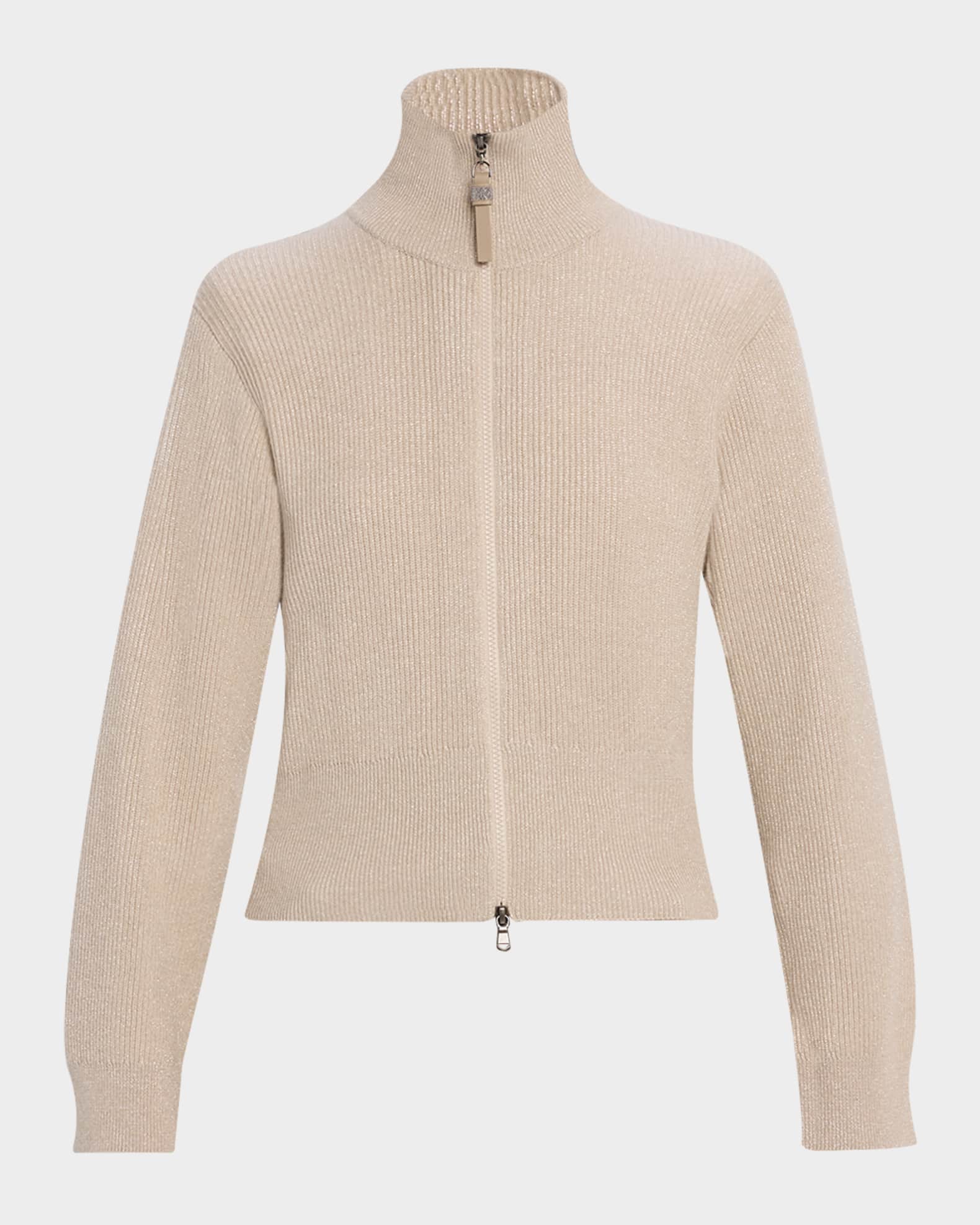 Sparkly Cashmere Rib Long-Sleeve Zip Cardigan 0