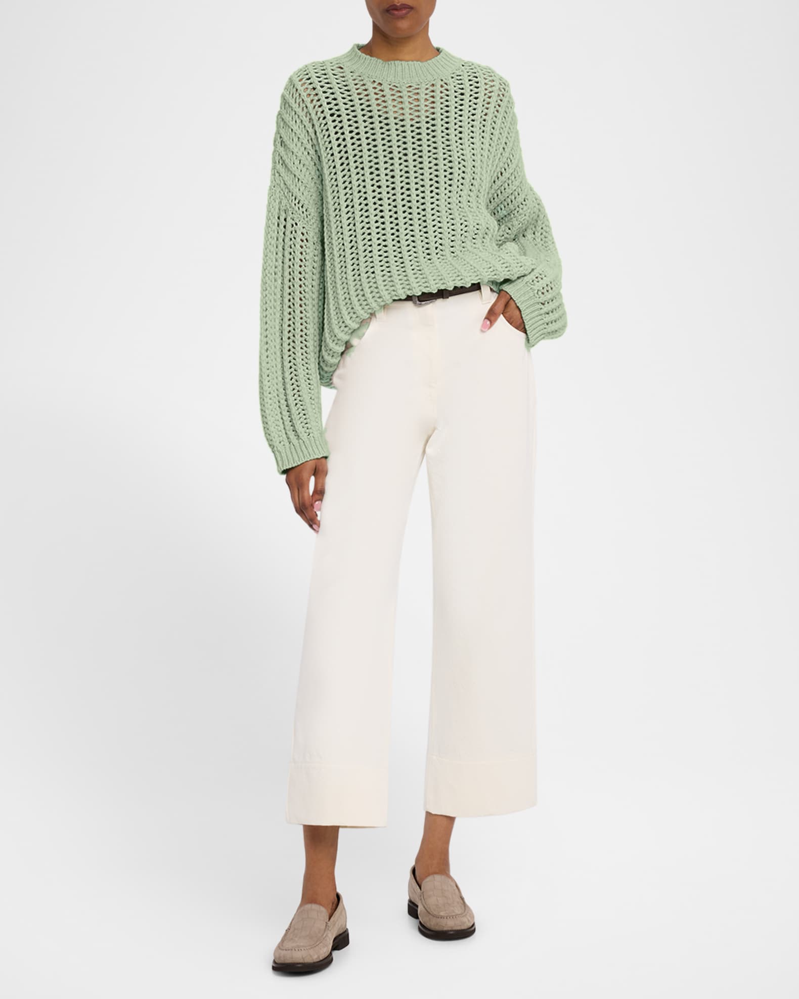 Open-Work Retro Crewneck Cashmere Sweater 1