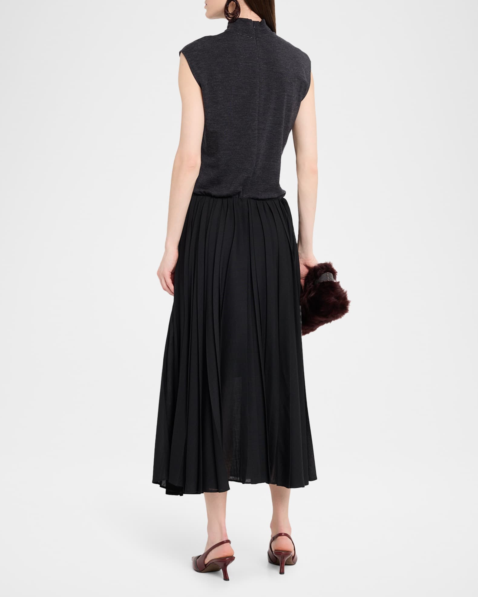 Mixed-Media Pleated Gauze Midi T-Shirt Dress