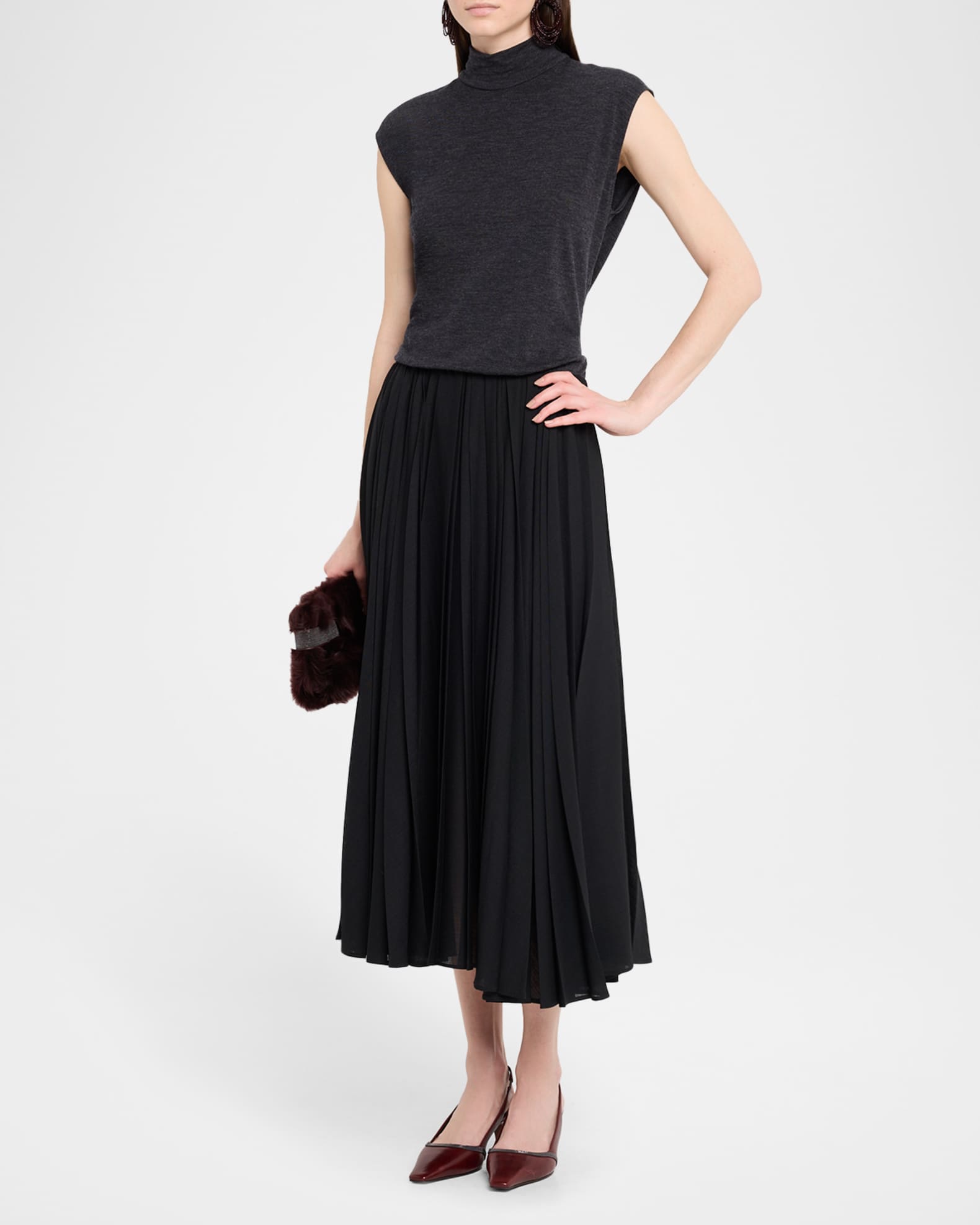 Mixed-Media Pleated Gauze Midi T-Shirt Dress