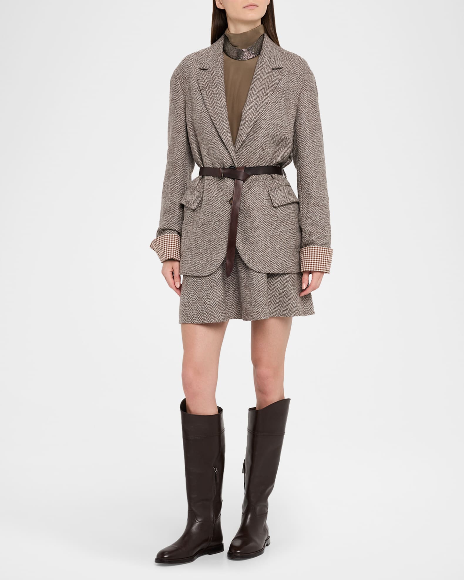 Brunello Cucinelli Carded Wool Herringbone Mini Circle Skirt