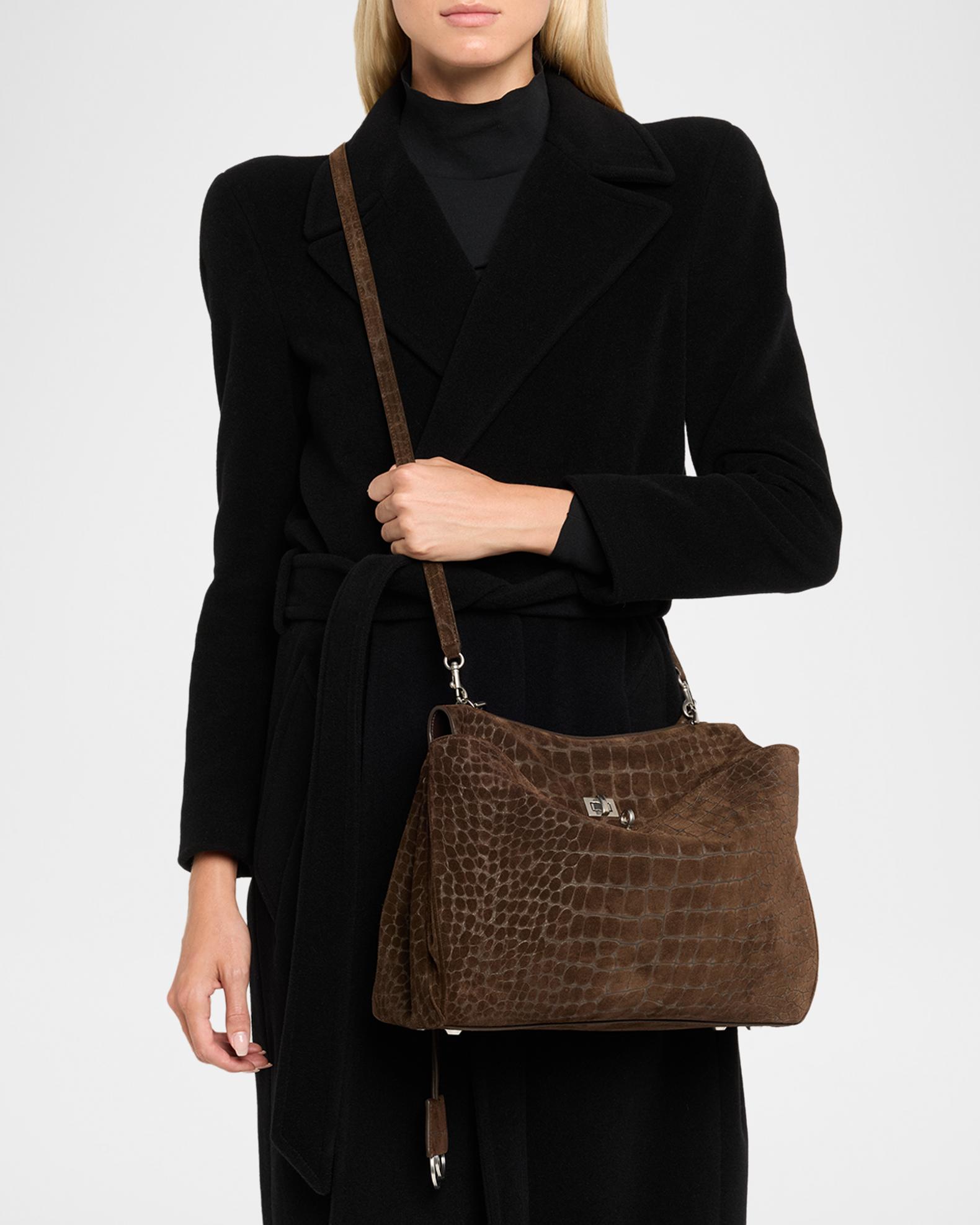 Balenciaga Rodeo Medium Croc-Embossed Suede Top-Handle Bag