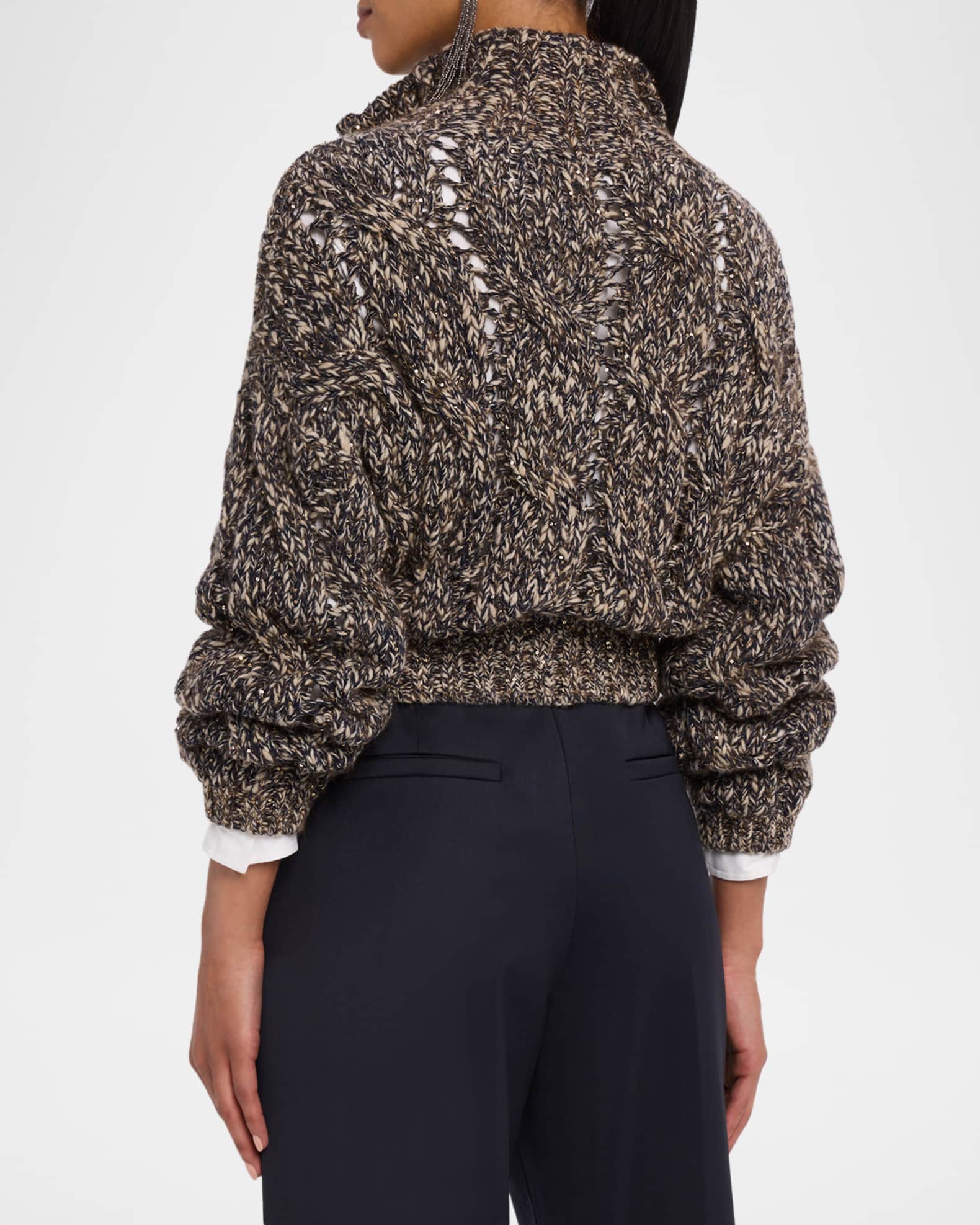 Brunello Cucinelli Paillette Marbled Mohair Cable Knit Zip