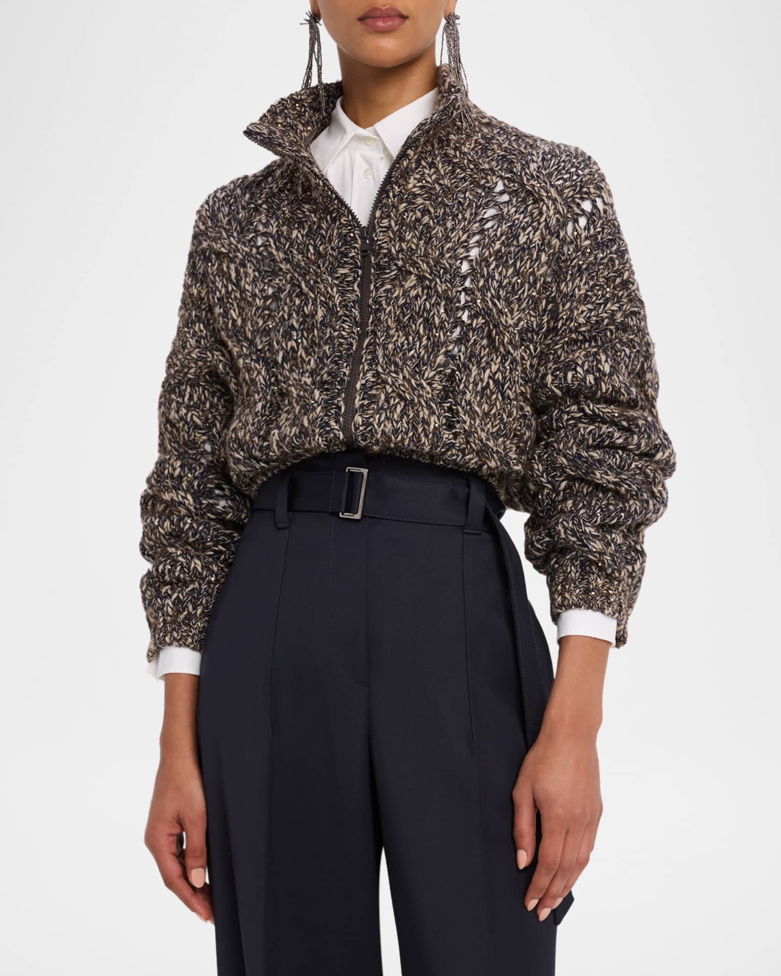 Brunello Cucinelli Paillette Marbled Mohair Cable Knit Zip