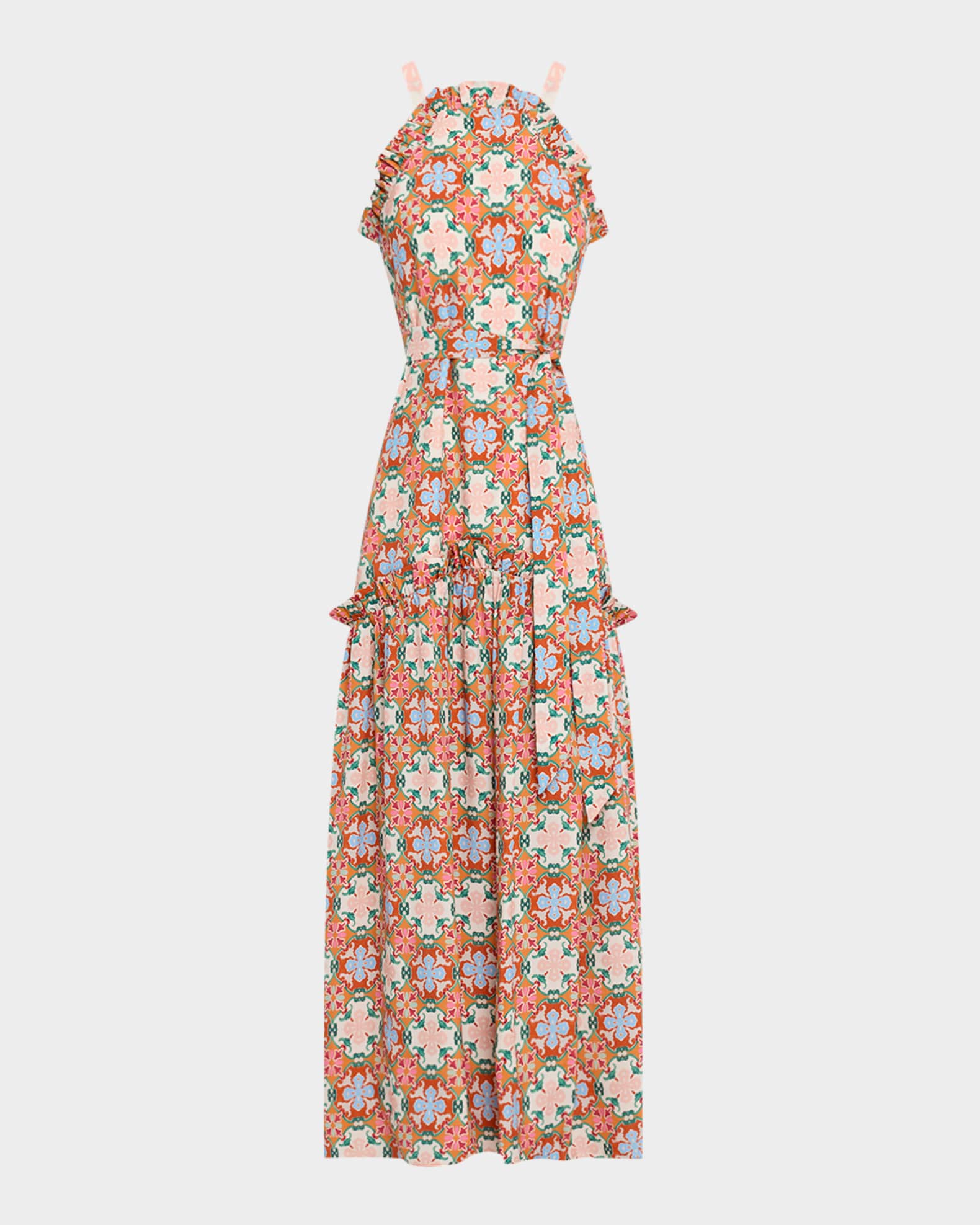 Keenan Tile-Print Ruffle Halter Maxi Dress 0