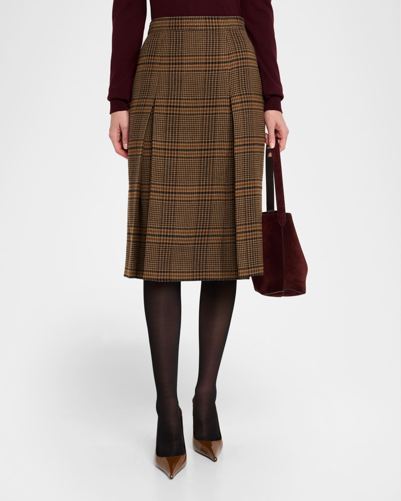 Saint Laurent Jupe Pleated Houndstooth Wool-Blend Midi Skirt
