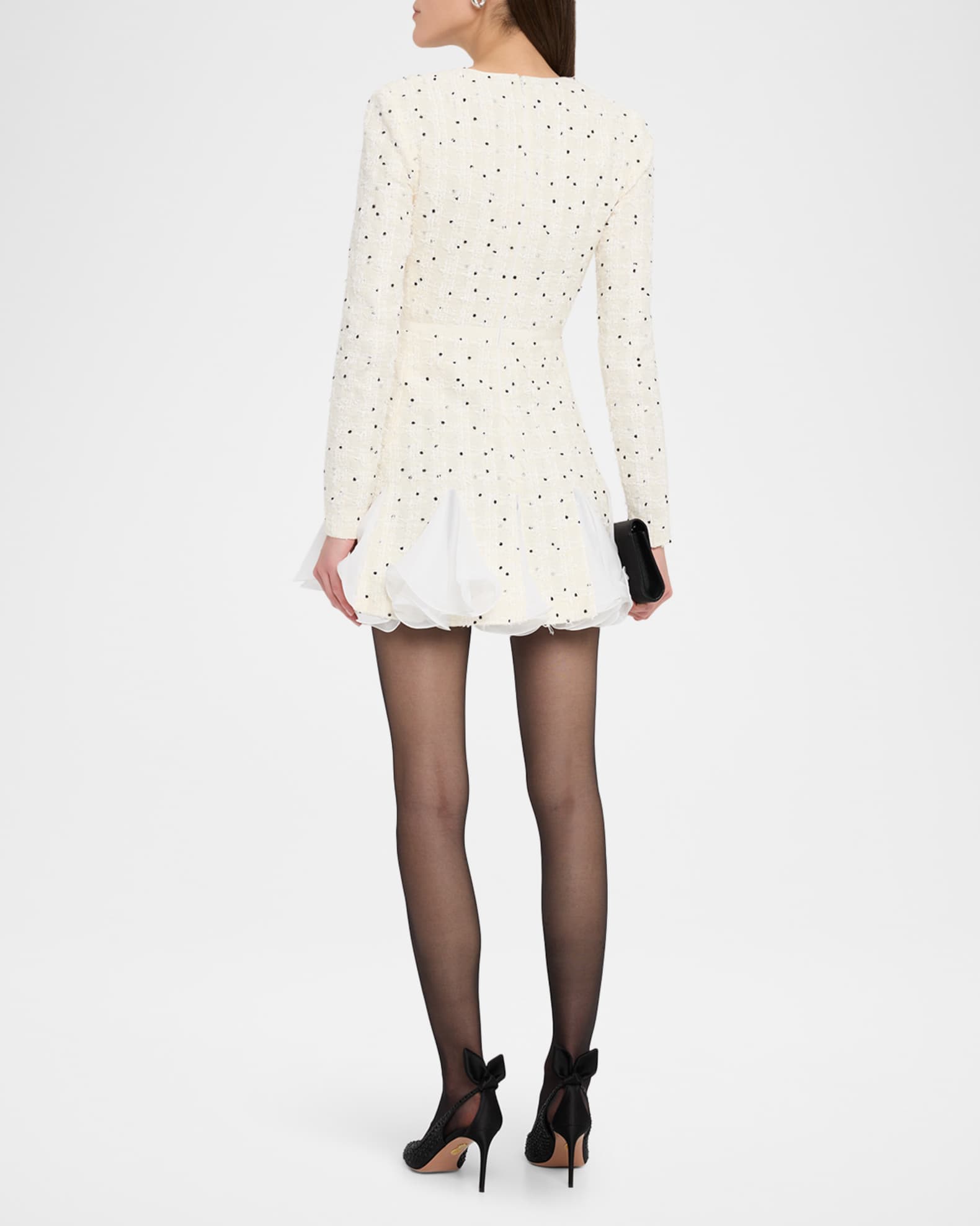 Giambattista Valli Polka-Dot Boucle Long-Sleeve Godet Mini Dress - Ivory