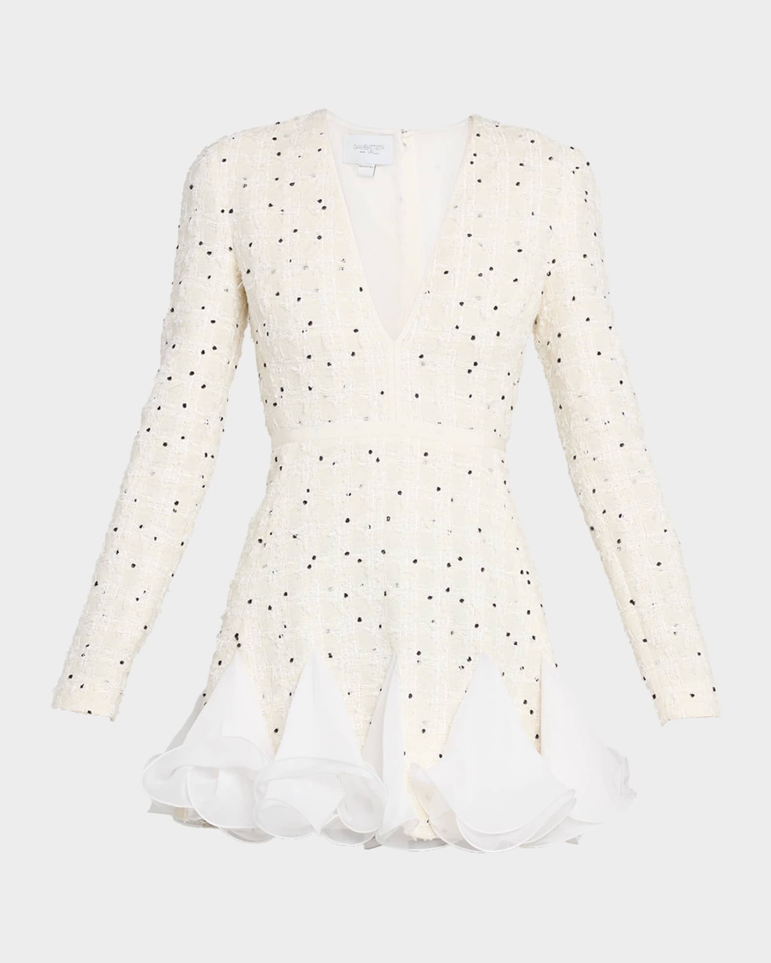 Giambattista Valli Polka-Dot Boucle Long-Sleeve Godet Mini Dress, Ivory, Women's, 6, Cocktail & Party Wedding Guest Dresses Long-Sleeve Dresses