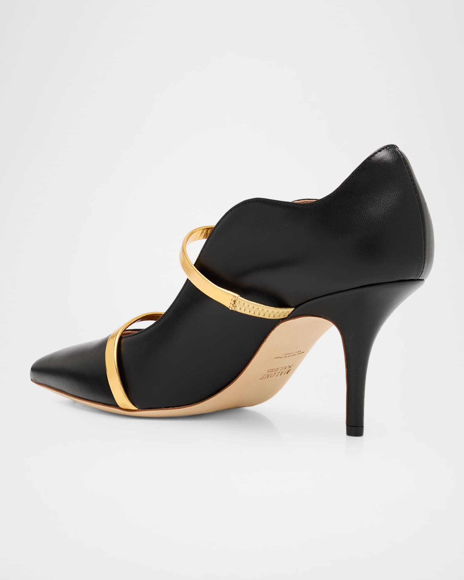 Malone Souliers Maureen Nappa Leather Double-Strap Pumps, Black Gold, Women's, 7, Pumps \u0026 High Heels Stilettos Pumps \u0026 High Heels, image size:1580x1975