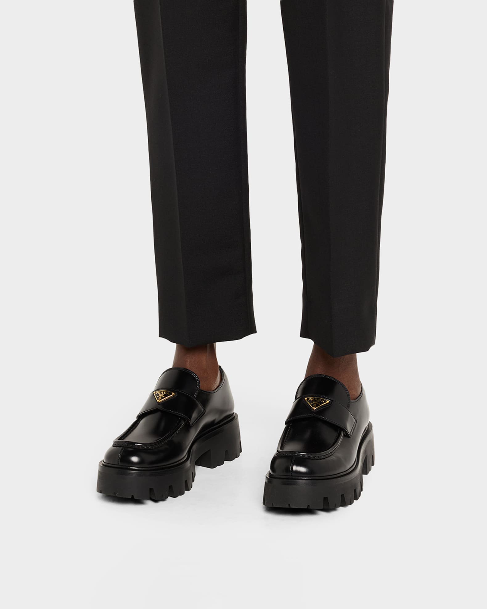 Prada Platform Leather Triangle Logo Loafers | Neiman Marcus