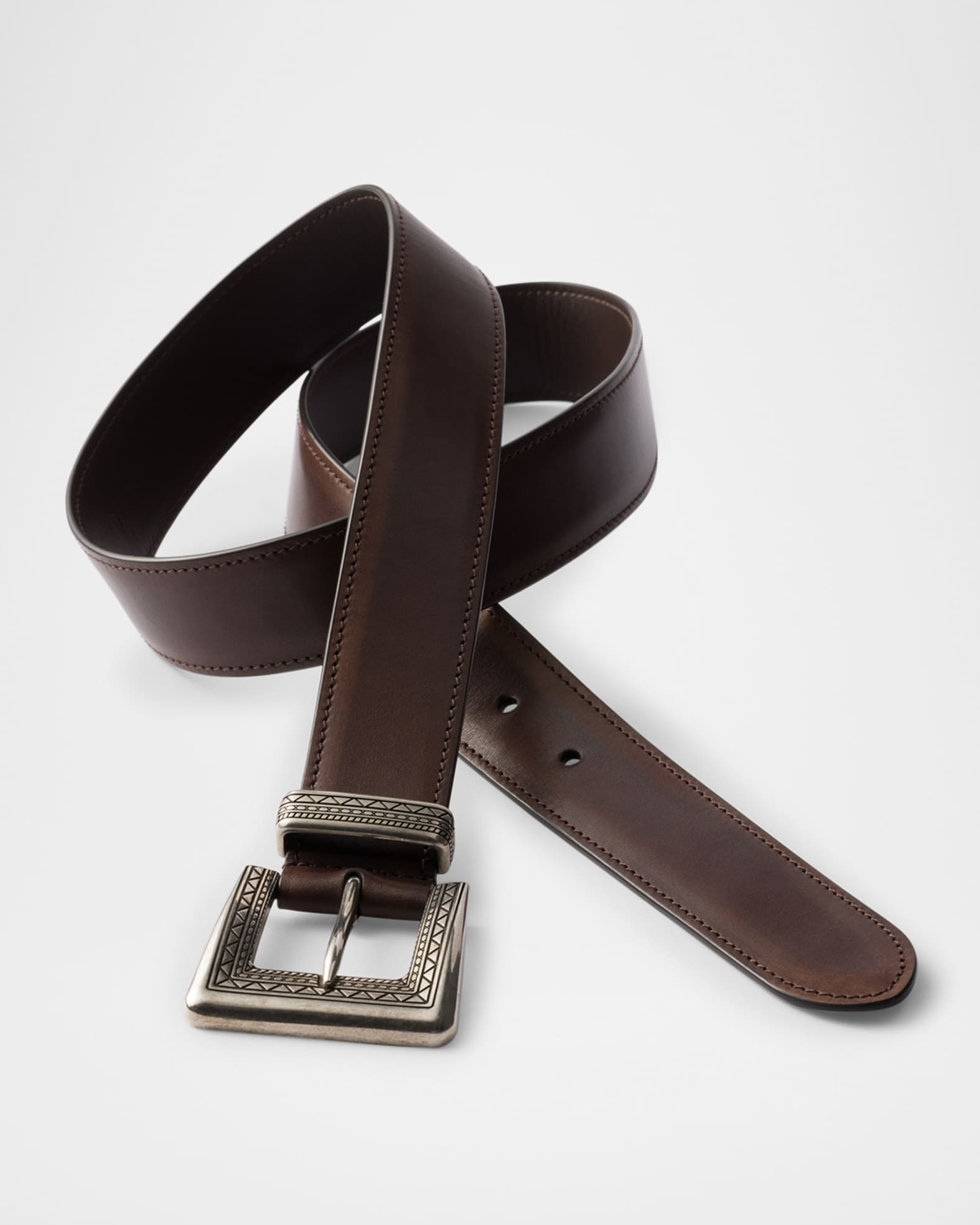 Prada Men's Antiqued Leather Western Belt | Neiman Marcus