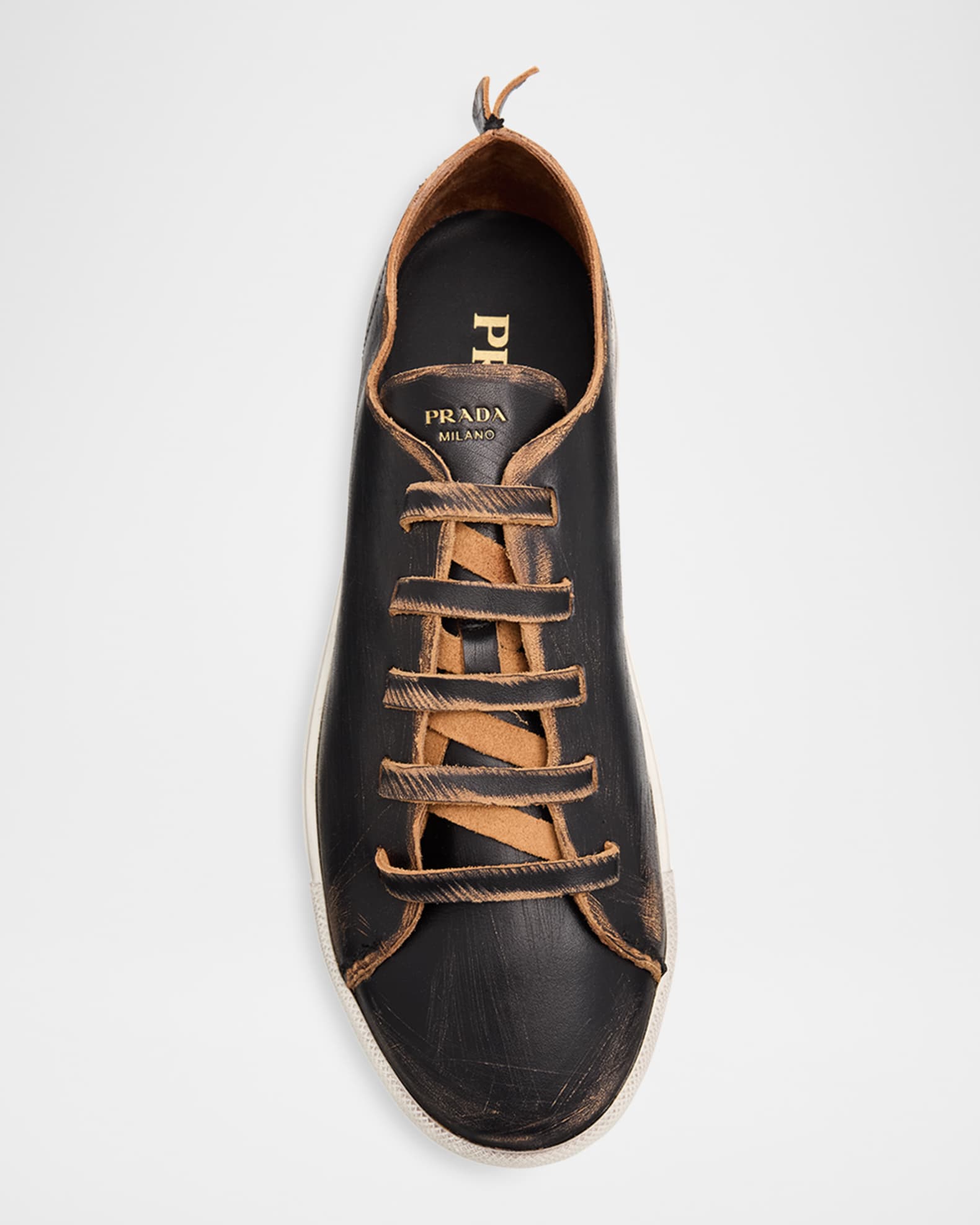 Prada Distressed Low-Top Leather Sneakers | Neiman Marcus