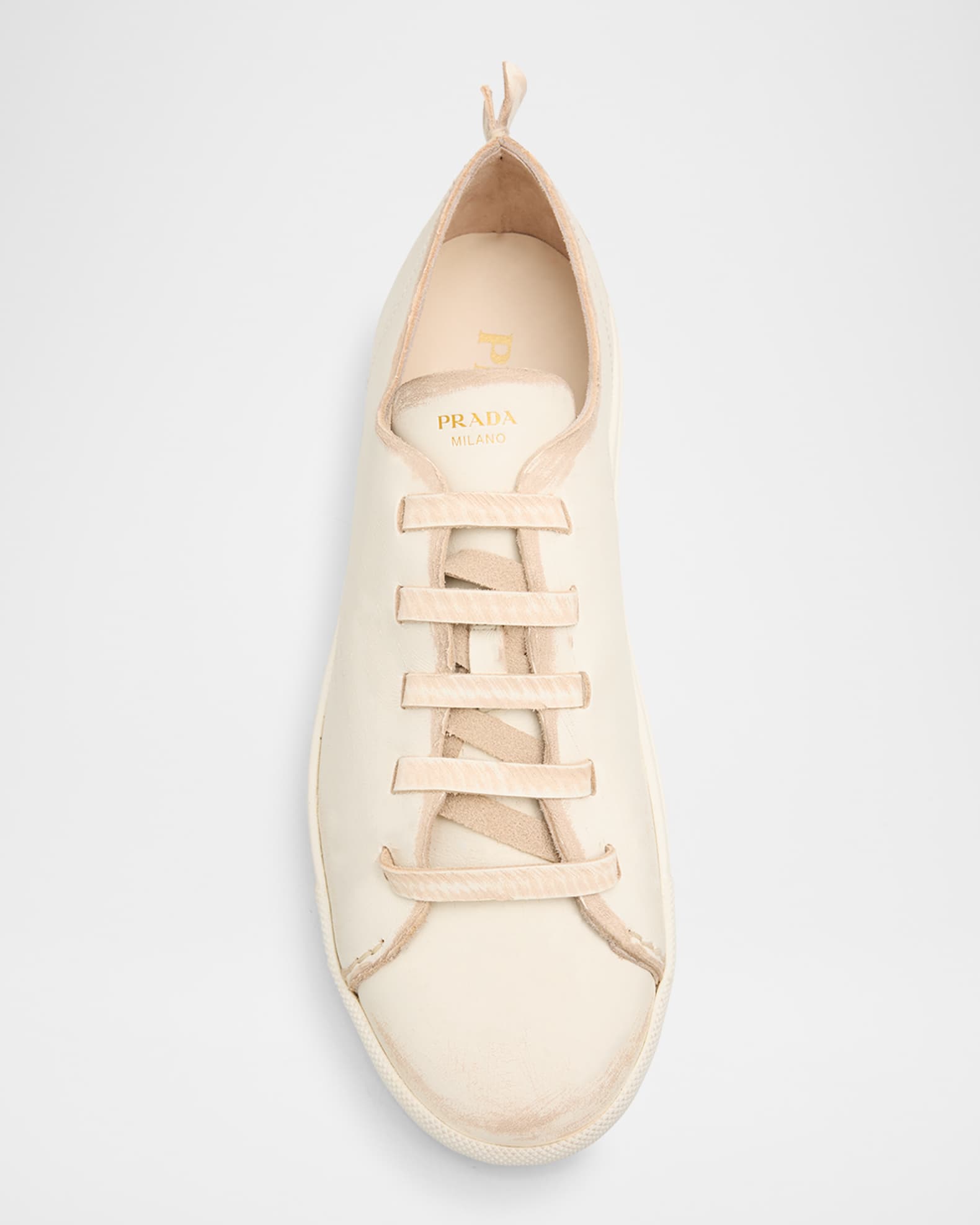 Prada Distressed Low-Top Leather Sneakers | Neiman Marcus