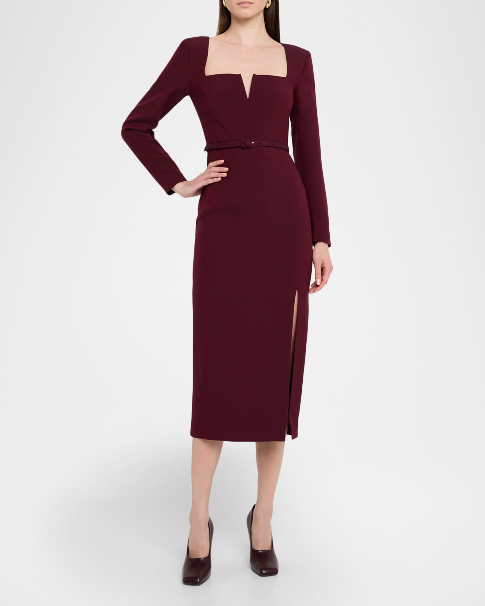 Long-Sleeve Belted Wool-Silk Midi Dress 1