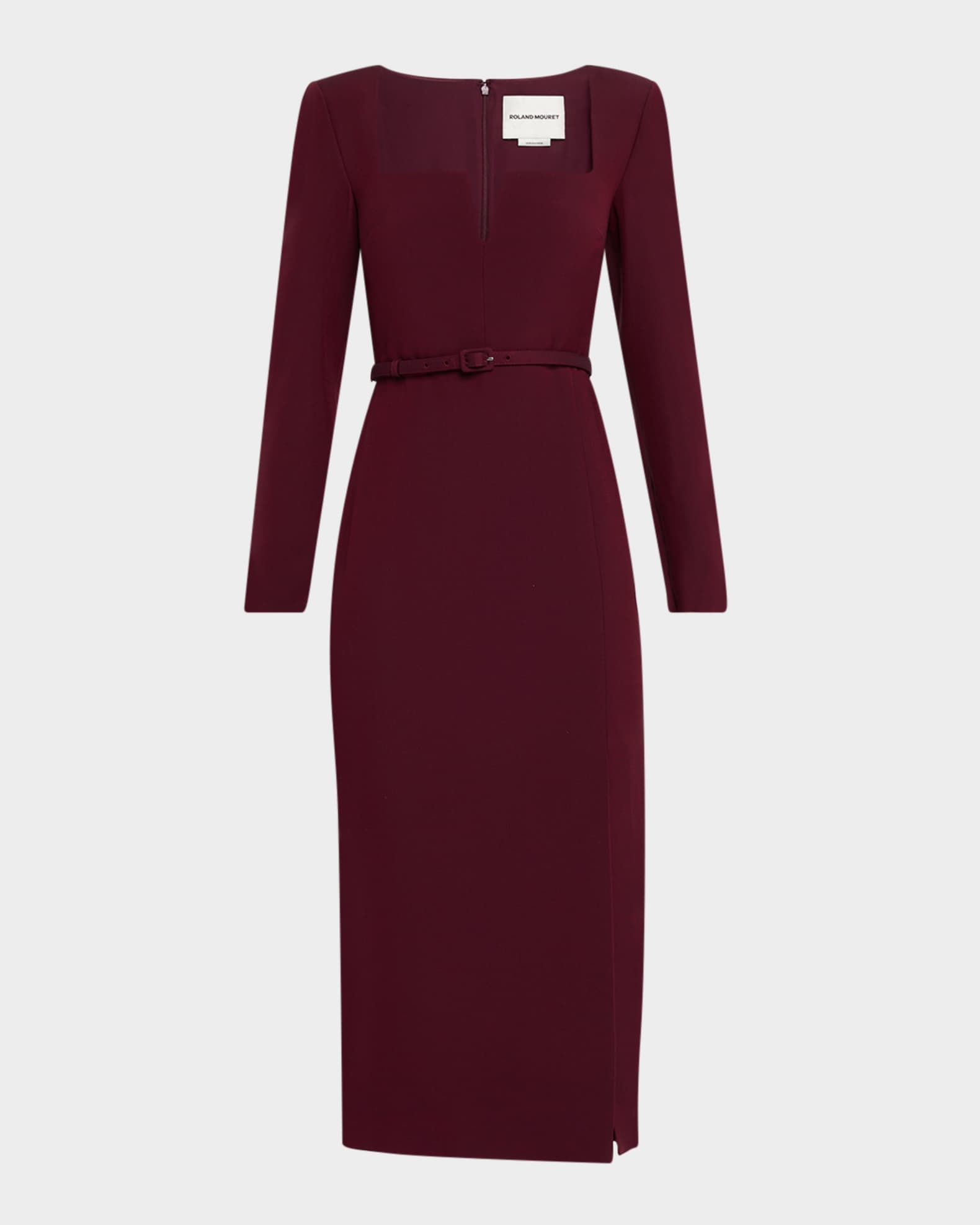 Long-Sleeve Belted Wool-Silk Midi Dress 0