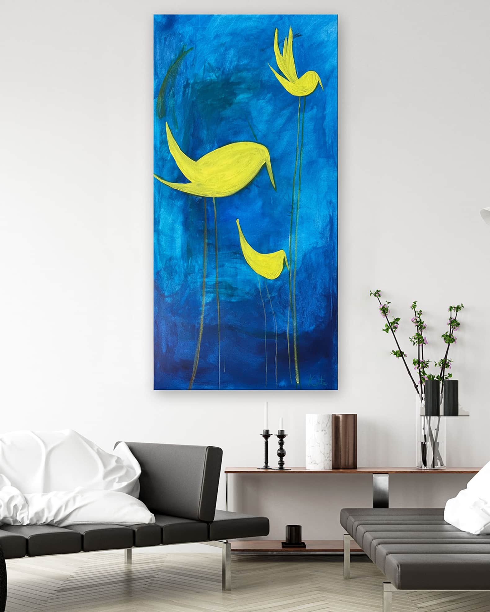 "Yellow Birdy" Hand-Embellished Giclee by Kate Baldock 1