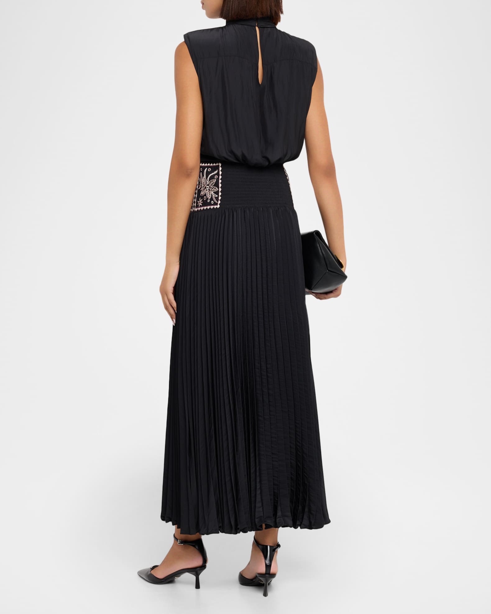 Ramy Brook Kimberly Embroidered Pleated Midi Dress, Black, Women's, XX-S, Cocktail & Party Wedding Guest Dresses Midi Dresses