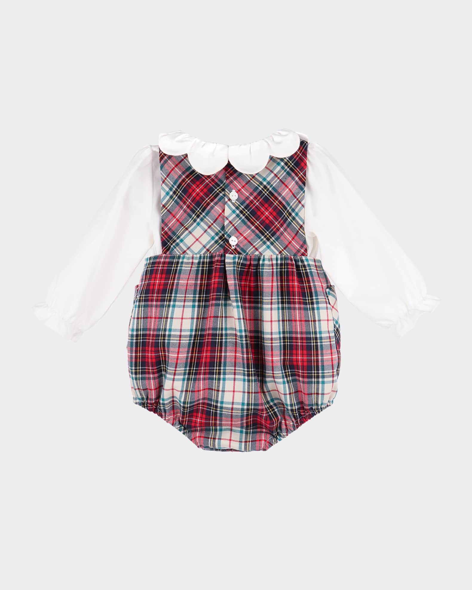 Girl's Gingerbread Plaid Bow Overalls, Size 6M-18M 1