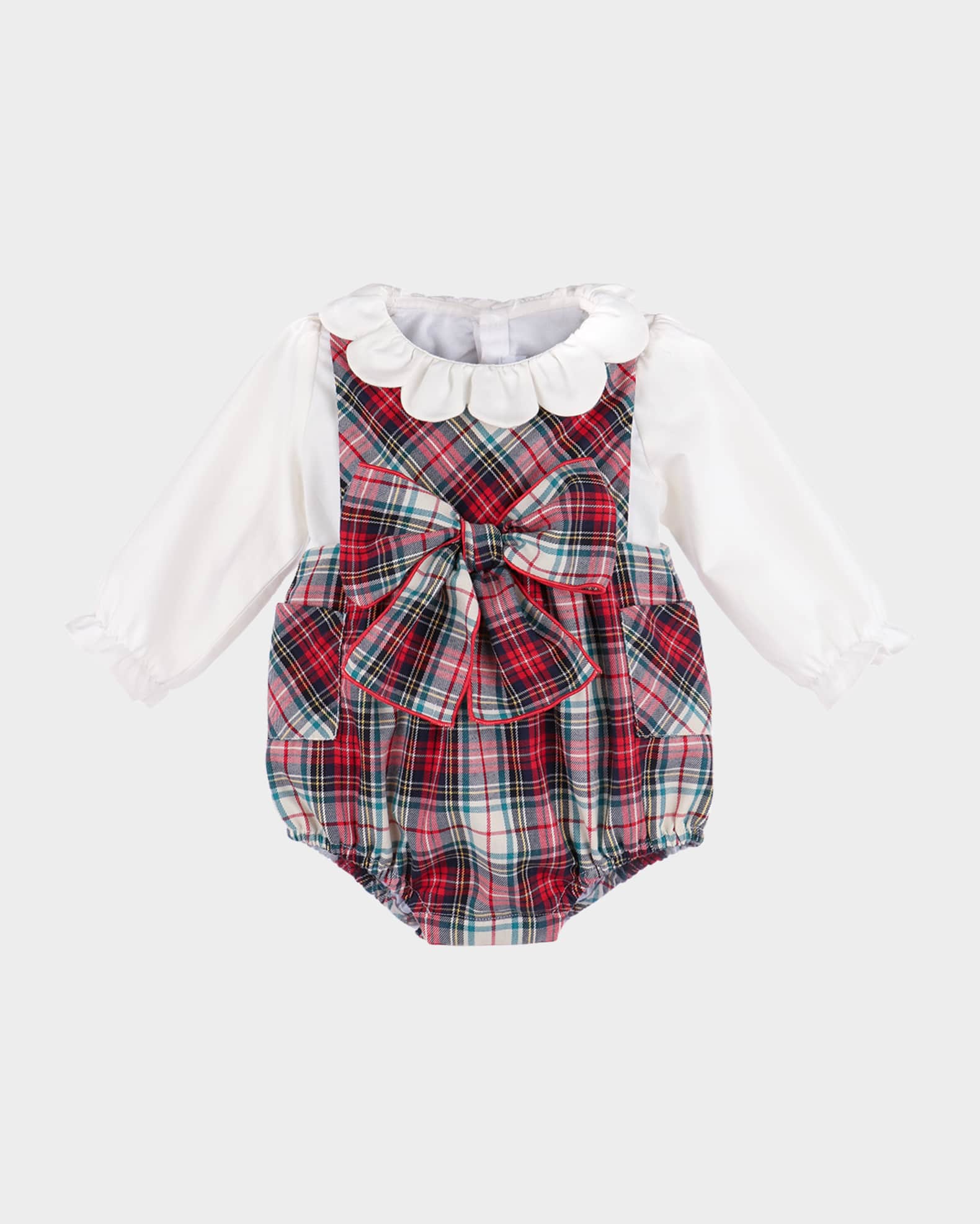 Girl's Gingerbread Plaid Bow Overalls, Size 6M-18M 0