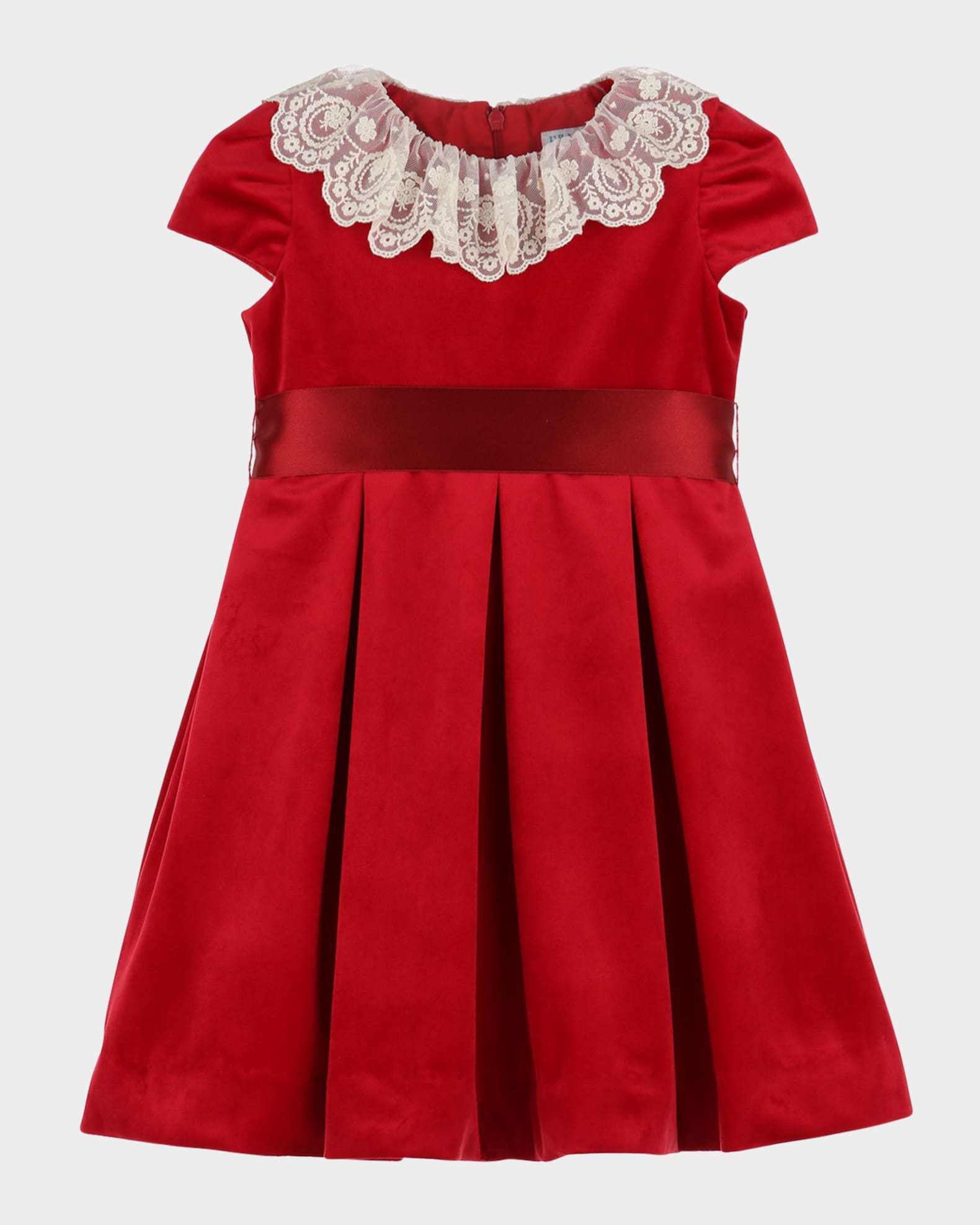 Girl's Pleated Velvet Lace-Collar Dress, Size 4T-6 0