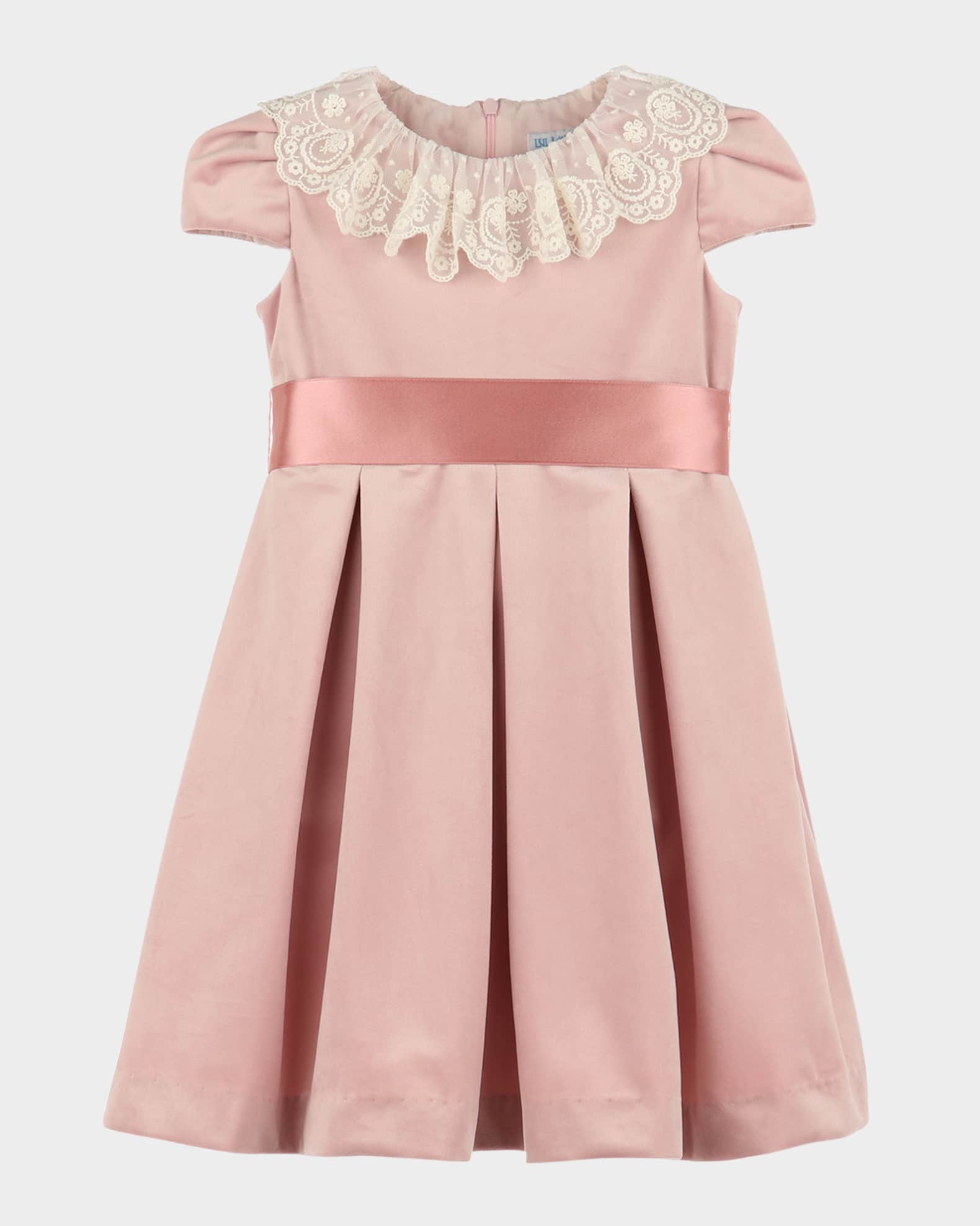 Girl's Pleated Velvet Lace-Collar Dress, Size 4T-6 0