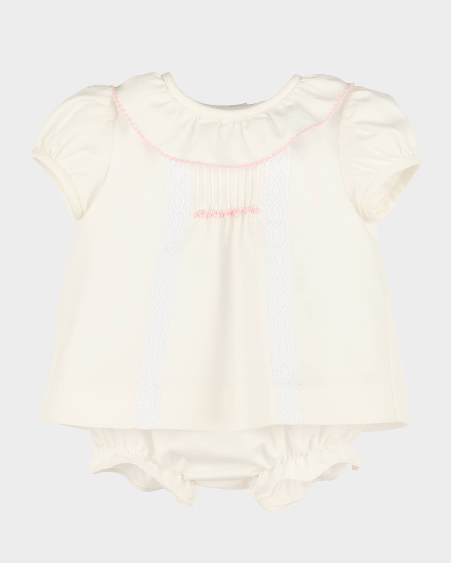 Girl's Pintuck Lace Cotton Dress & Bloomers, Size Newborn-6M 0