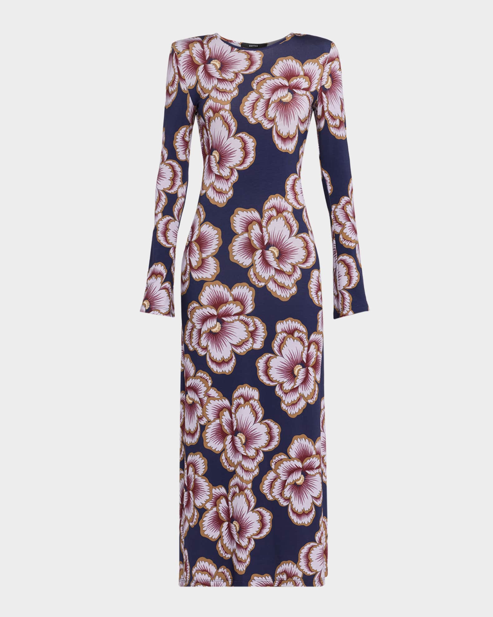 Floral Stretch Knit Crewneck Midi Dress 0