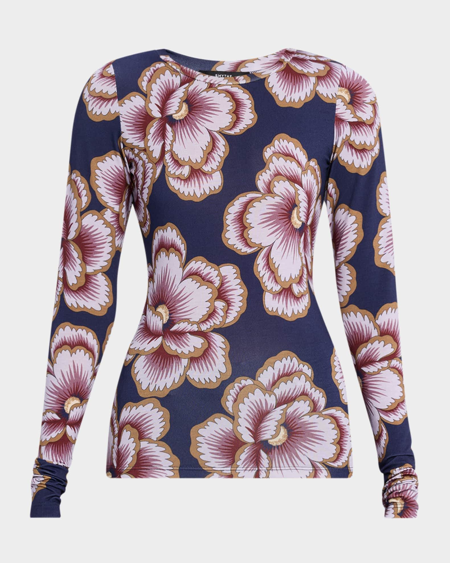 Floral Scrunch-Sleeve Crewneck Top 0