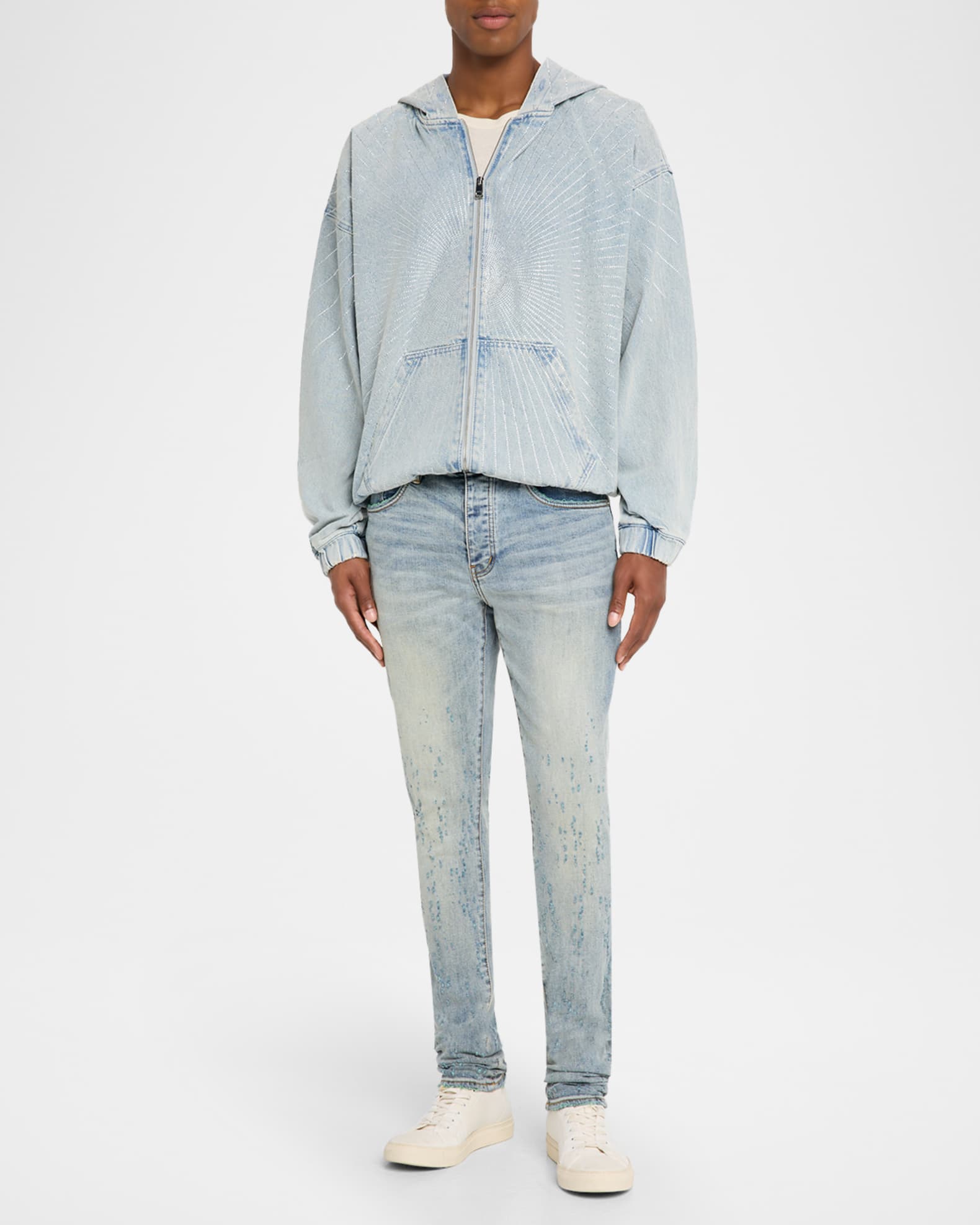 PURPLE Men's O-Zip Crystal Sunbeam Denim Hoodie | Neiman Marcus