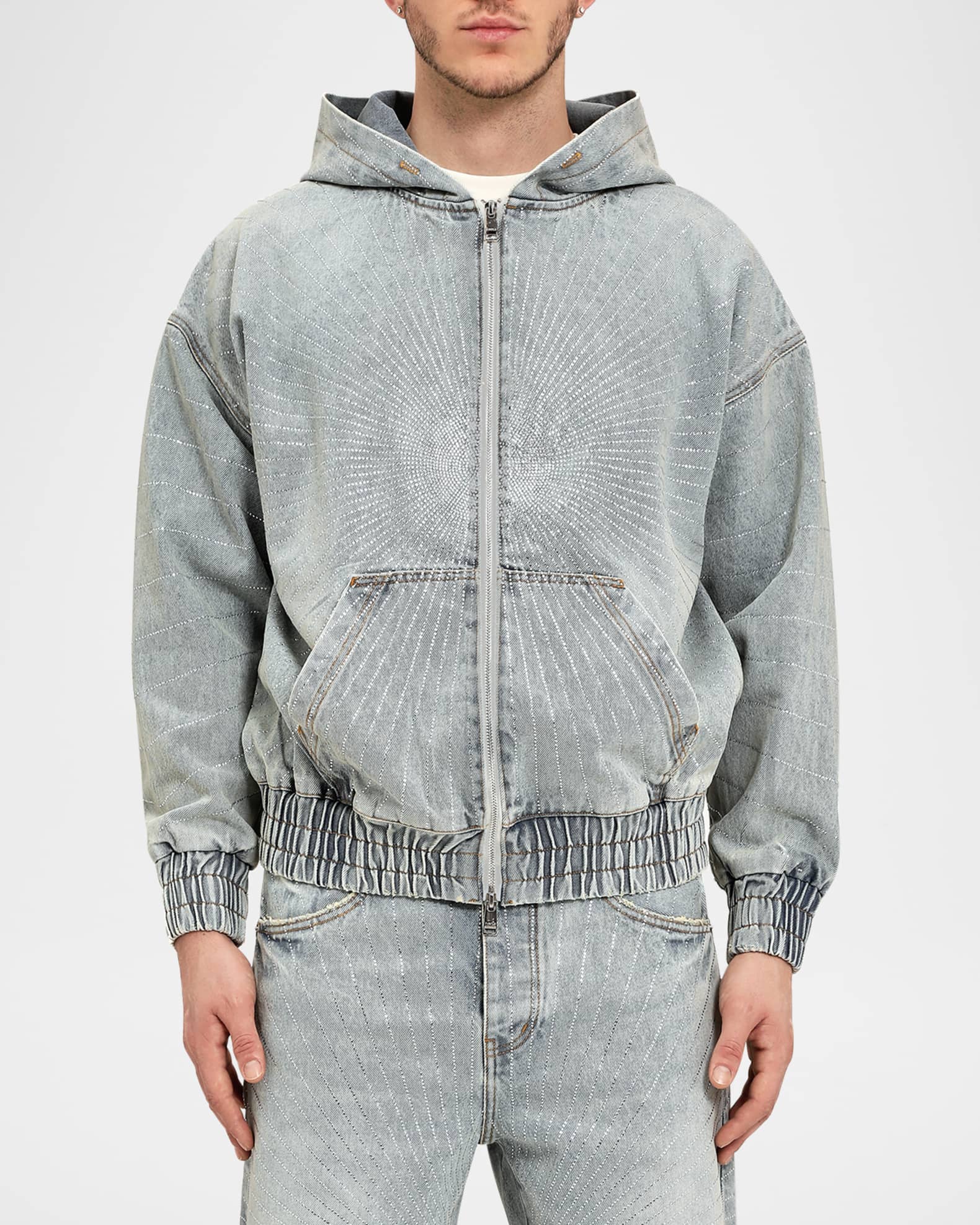 PURPLE Men's O-Zip Crystal Sunbeam Denim Hoodie | Neiman Marcus