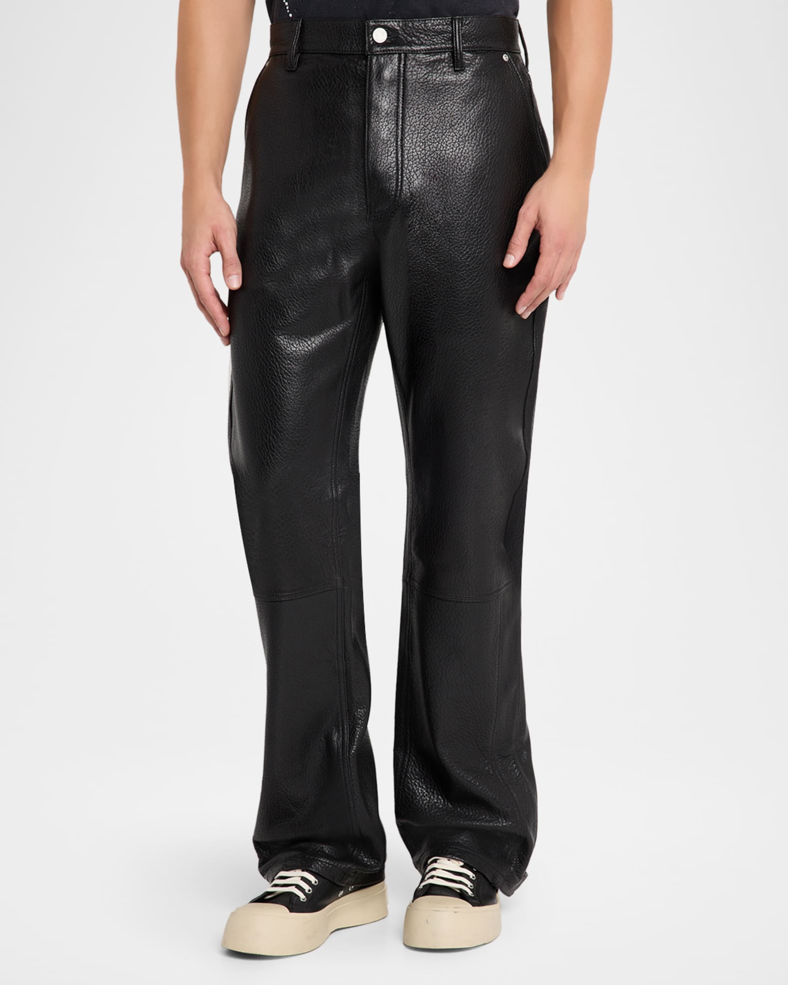 PURPLE Men's Grained Leather Snap-Cuff Carpenter Pants | Neiman Marcus