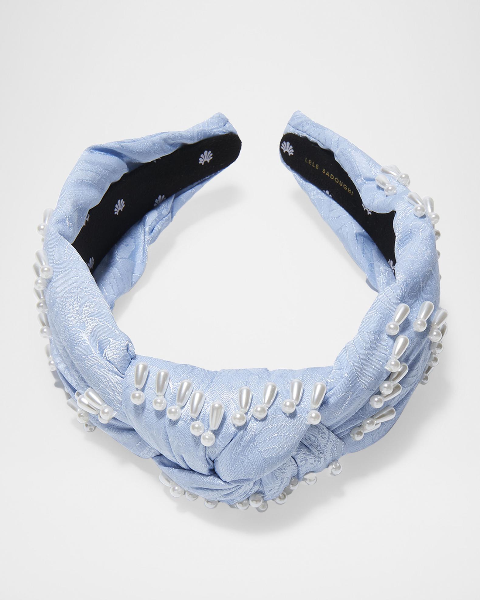 Lele Sadougi Pearl-Embellished Knot Headband - Navy and Beige Lele Sadoughi Pearl Embellished Knotted Raffia Beaded Headband main image 3