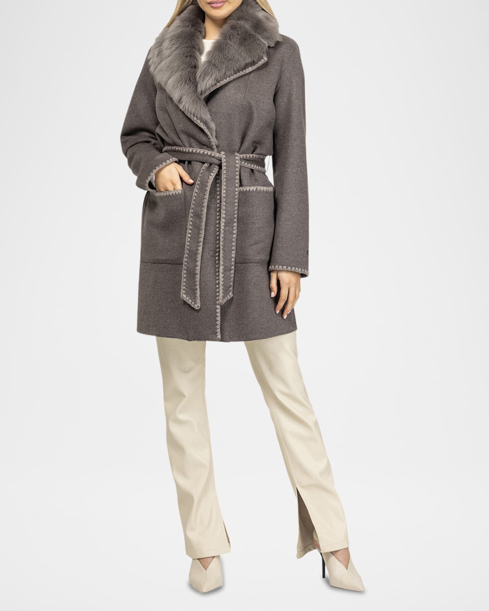 Belted Cashmere-Wool Stroller with Detachable Merinillo Lamb Shearling Collar 1