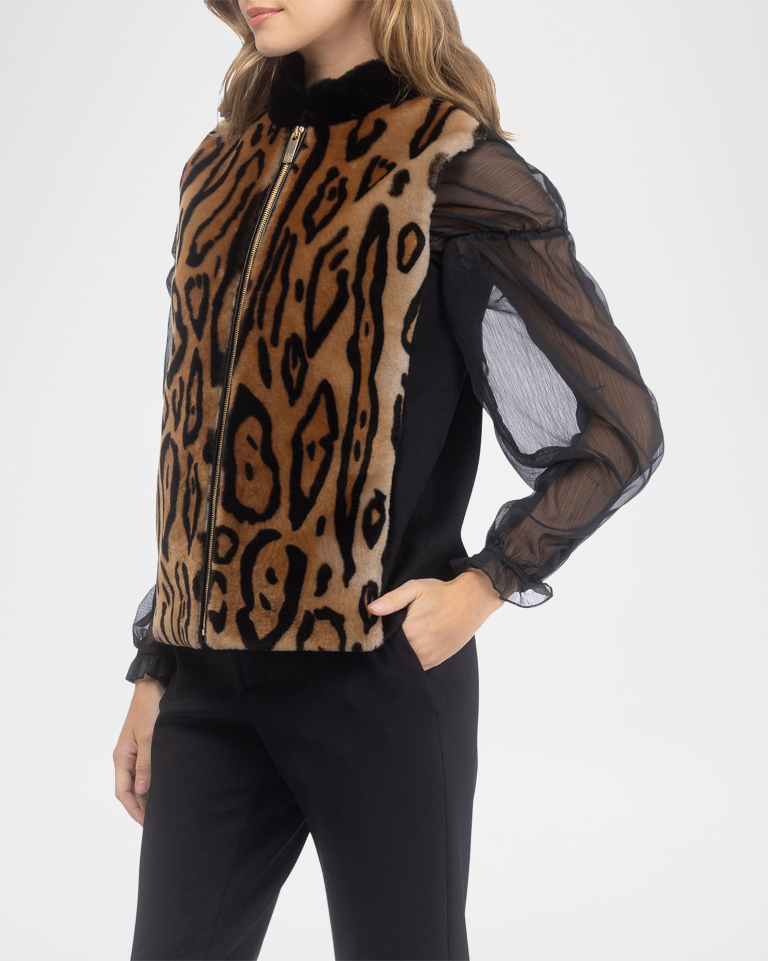Gorski Ocelot-Print Shearling Lamb Zip Vest With Loro Piana Wool