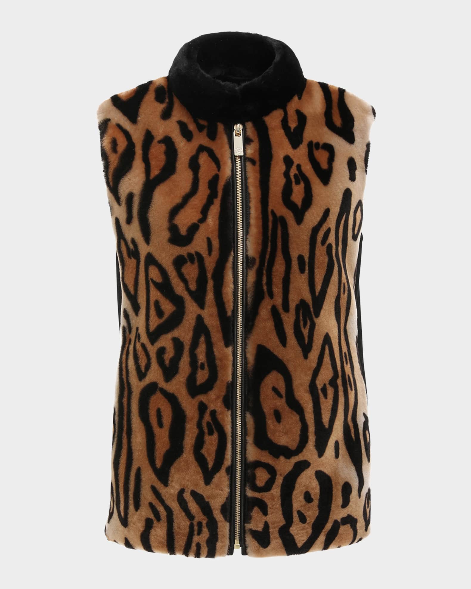 Gorski Ocelot-Print Shearling Lamb Zip Vest With Loro Piana Wool