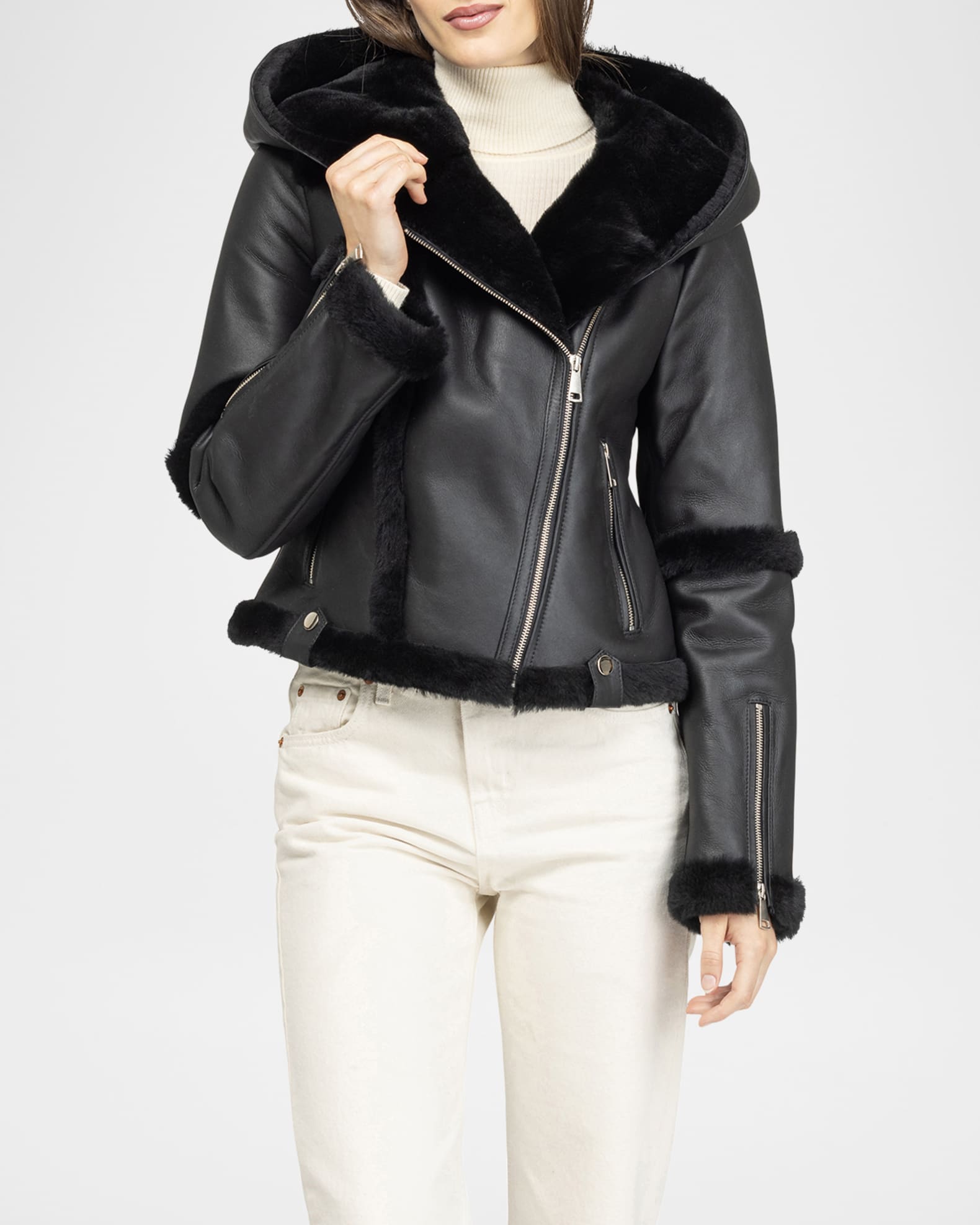 Gorski Shearling Lamb Hooded Zip Jacket | Neiman Marcus