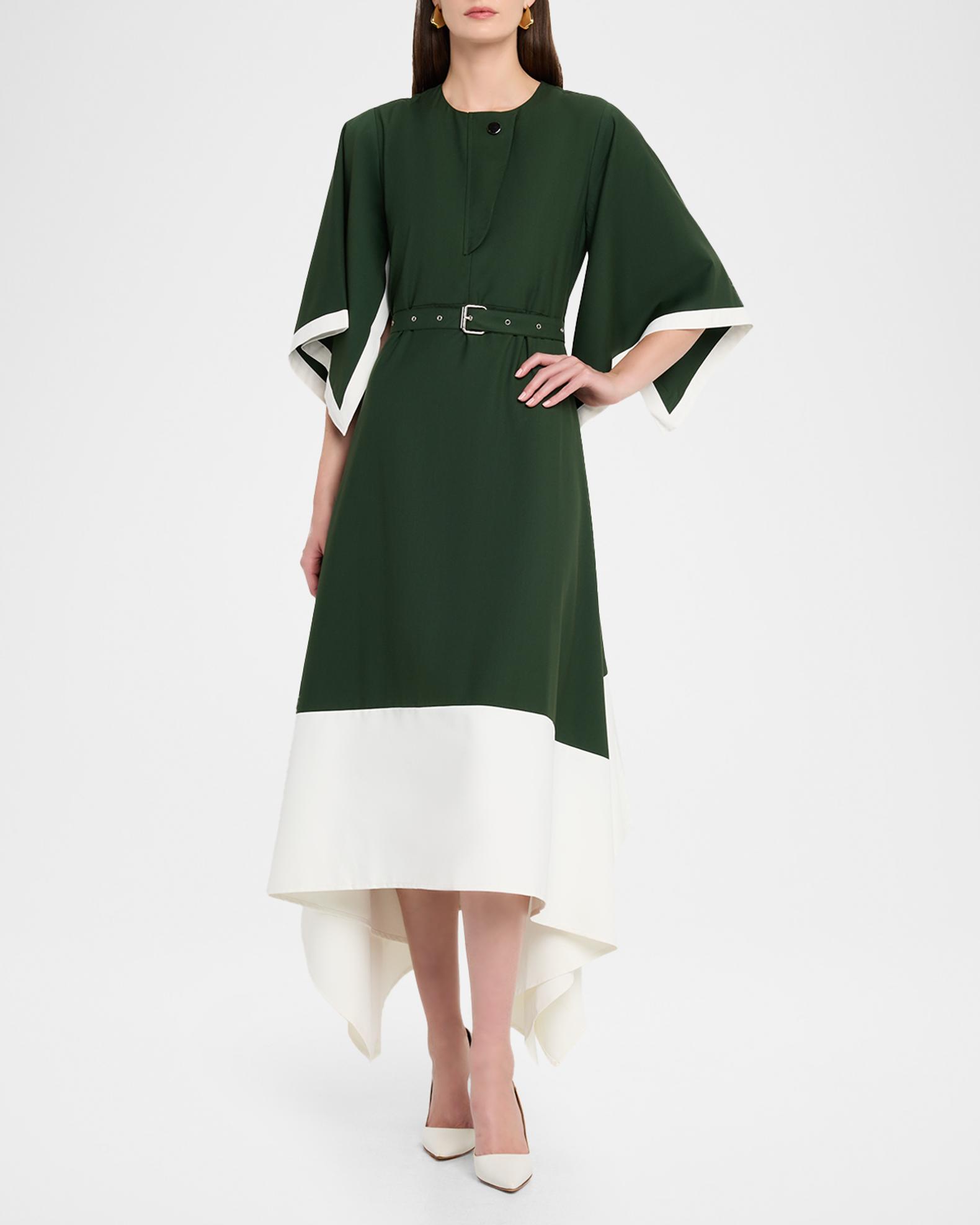 LOVEBIRDS Jade Belted Colorblock Handkerchief Midi Skirt | Neiman Marcus